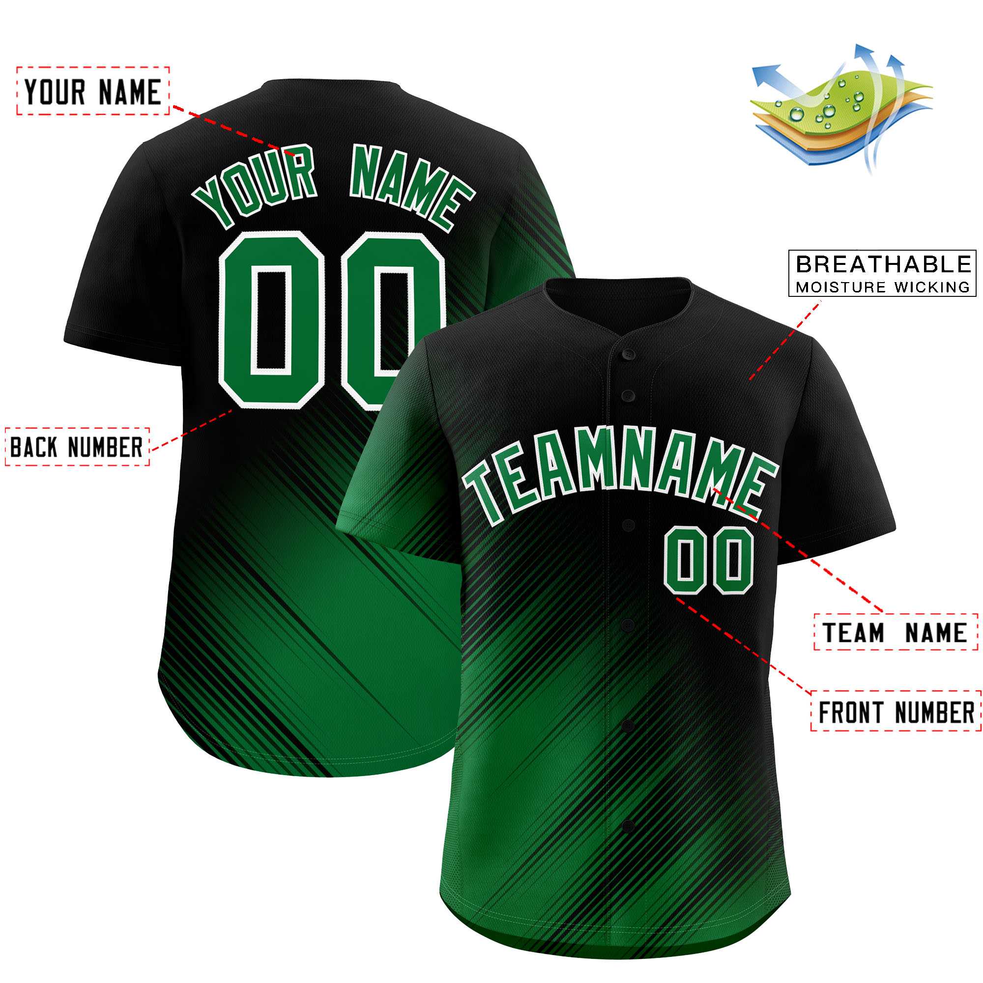 Custom Black Kelly Green Diagonal Stripe Personalized Gradient Fashion Baseball Jersey