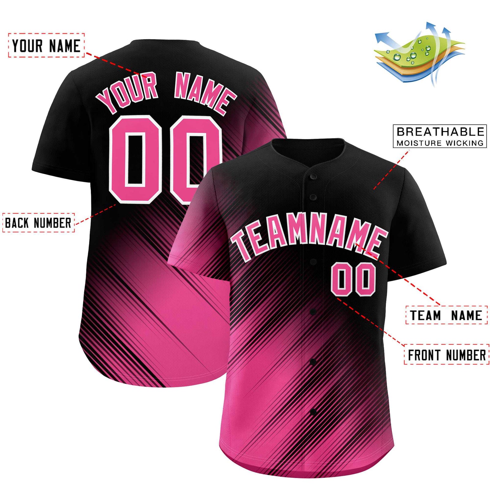 Custom Black Pink Diagonal Stripe Personalized Gradient Fashion Baseball Jersey