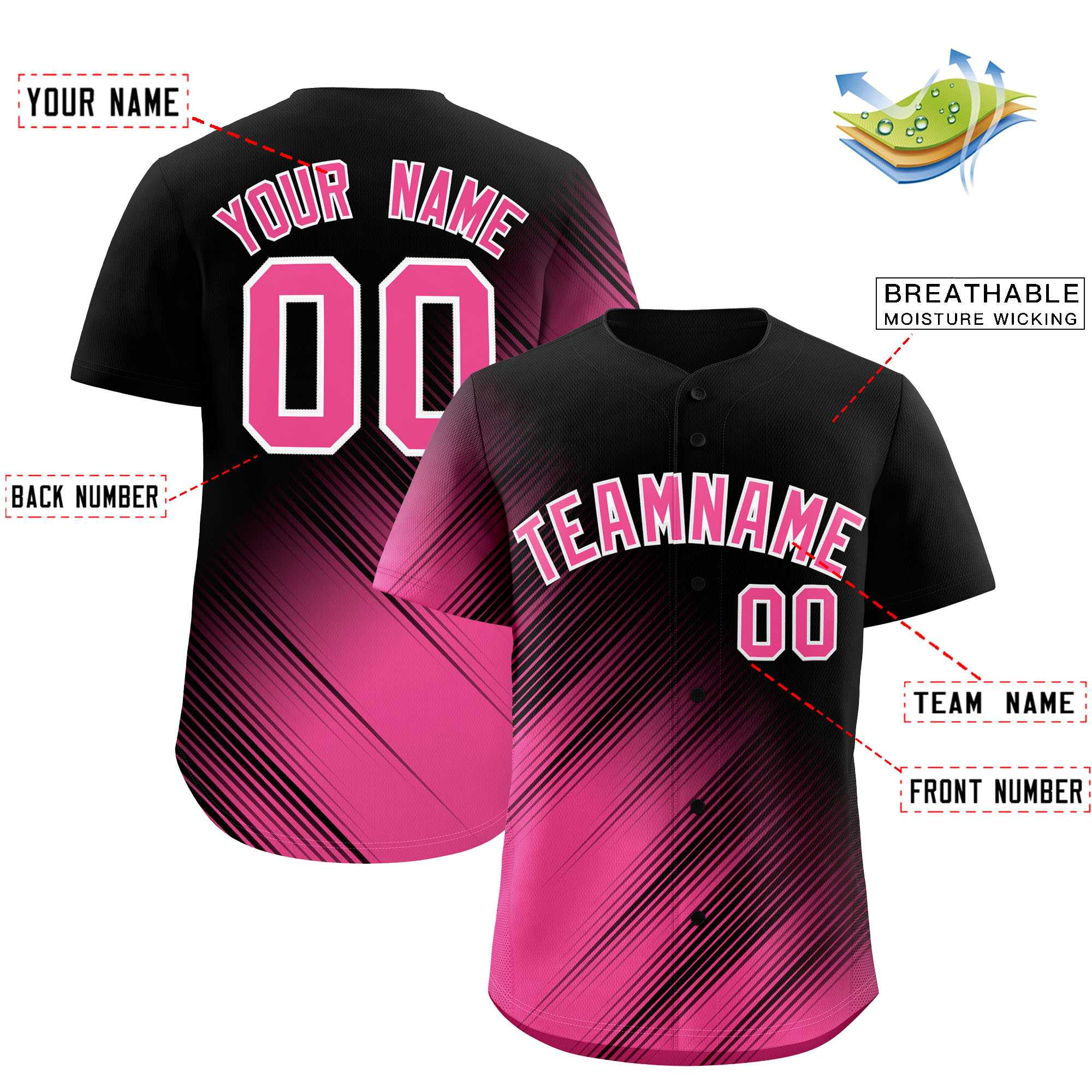 Custom Black Pink Diagonal Stripe Personalized Gradient Fashion Baseball Jersey
