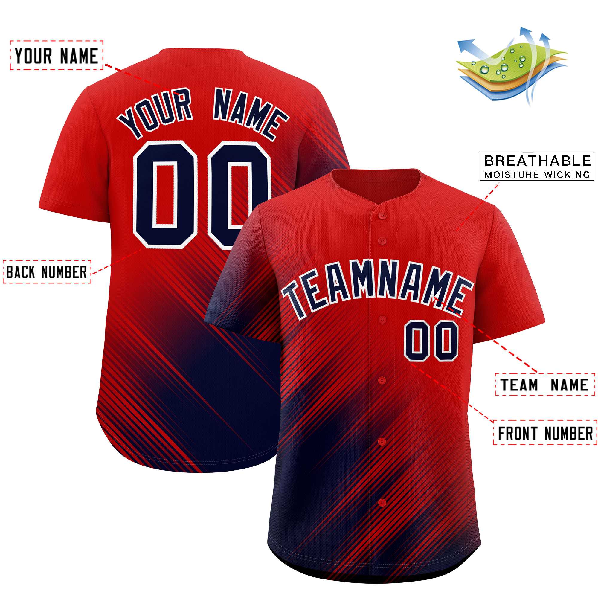 Custom Red Navy Diagonal Stripe Personalized Gradient Fashion Baseball Jersey