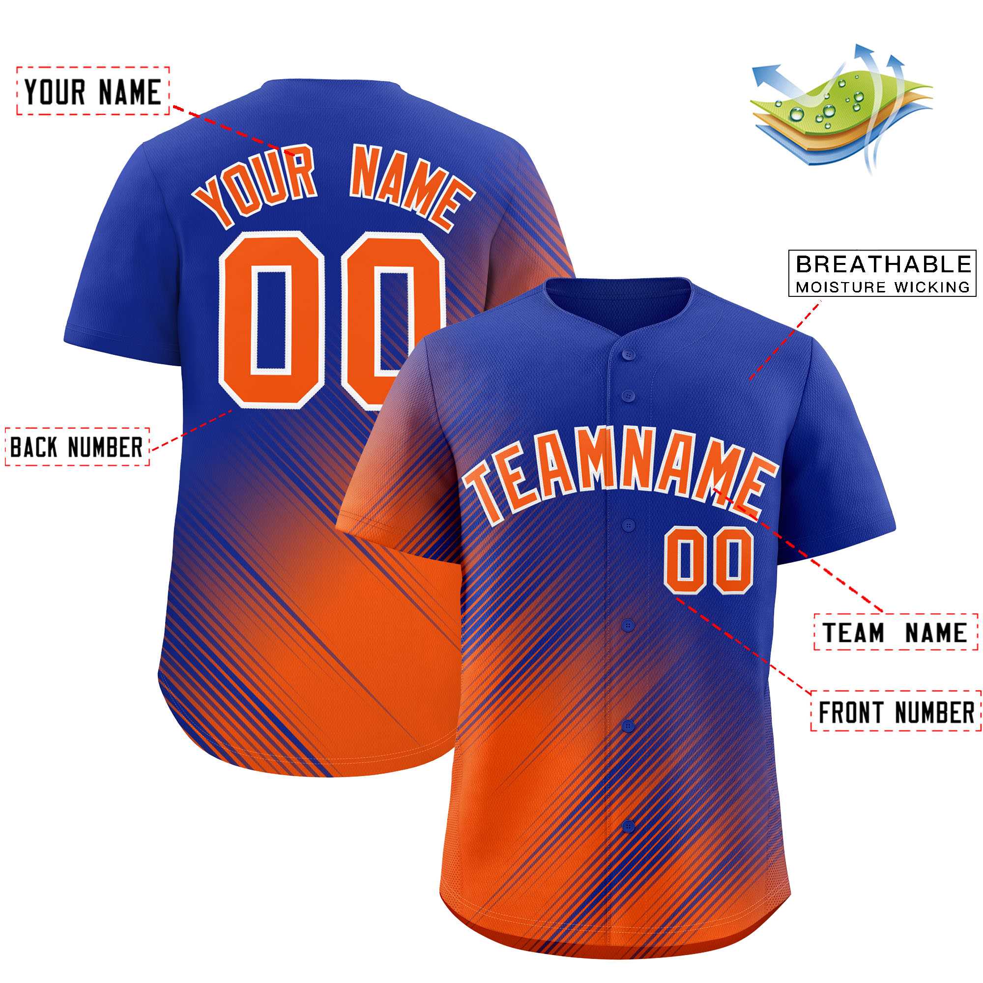 Custom Royal Orange Diagonal Stripe Personalized Gradient Fashion Baseball Jersey