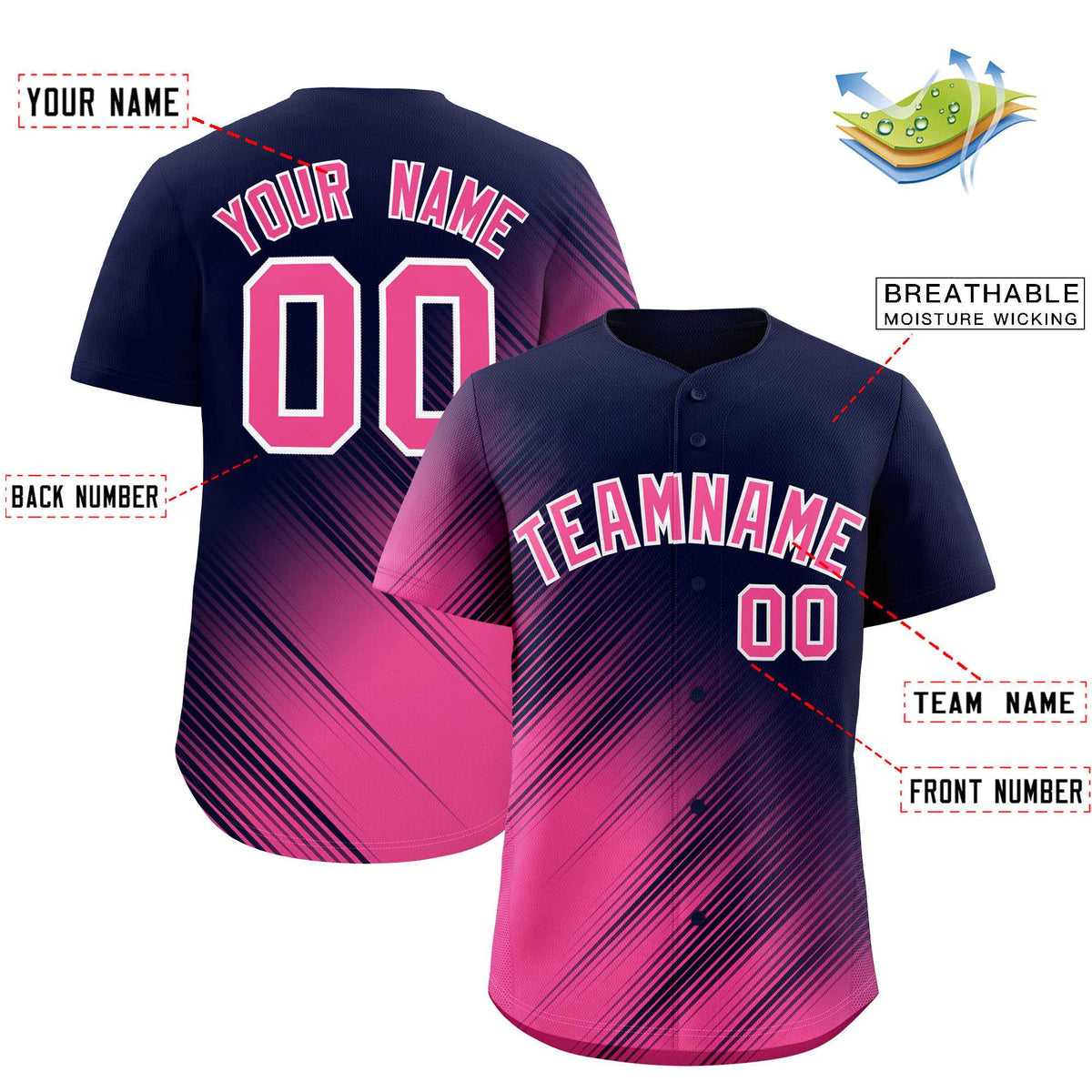 Custom Navy Pink Diagonal Stripe Personalized Gradient Fashion Baseball Jersey