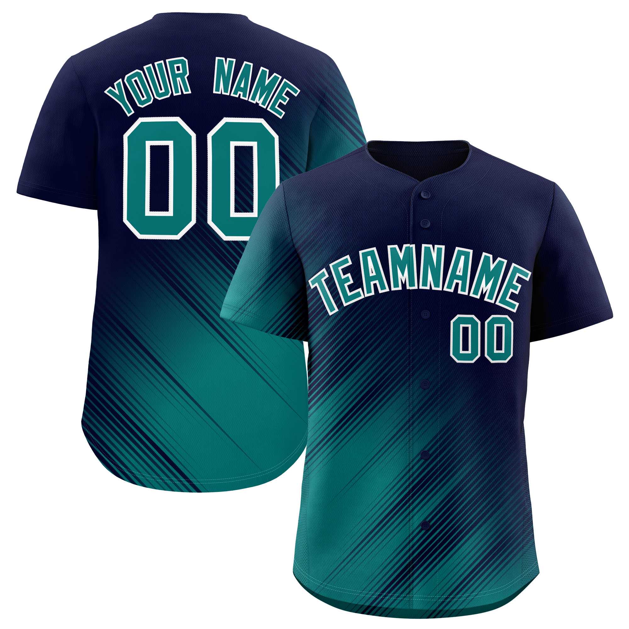 Custom Navy Aqua Diagonal Stripe Personalized Gradient Fashion Baseball Jersey