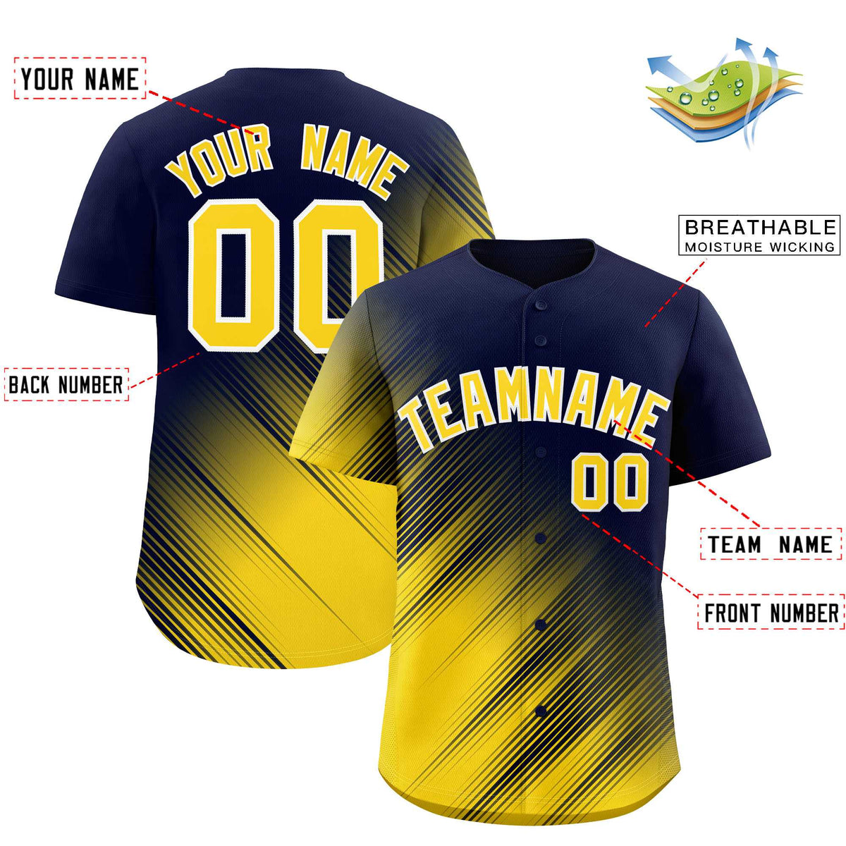 Custom Navy Gold Diagonal Stripe Personalized Gradient Fashion Baseball Jersey