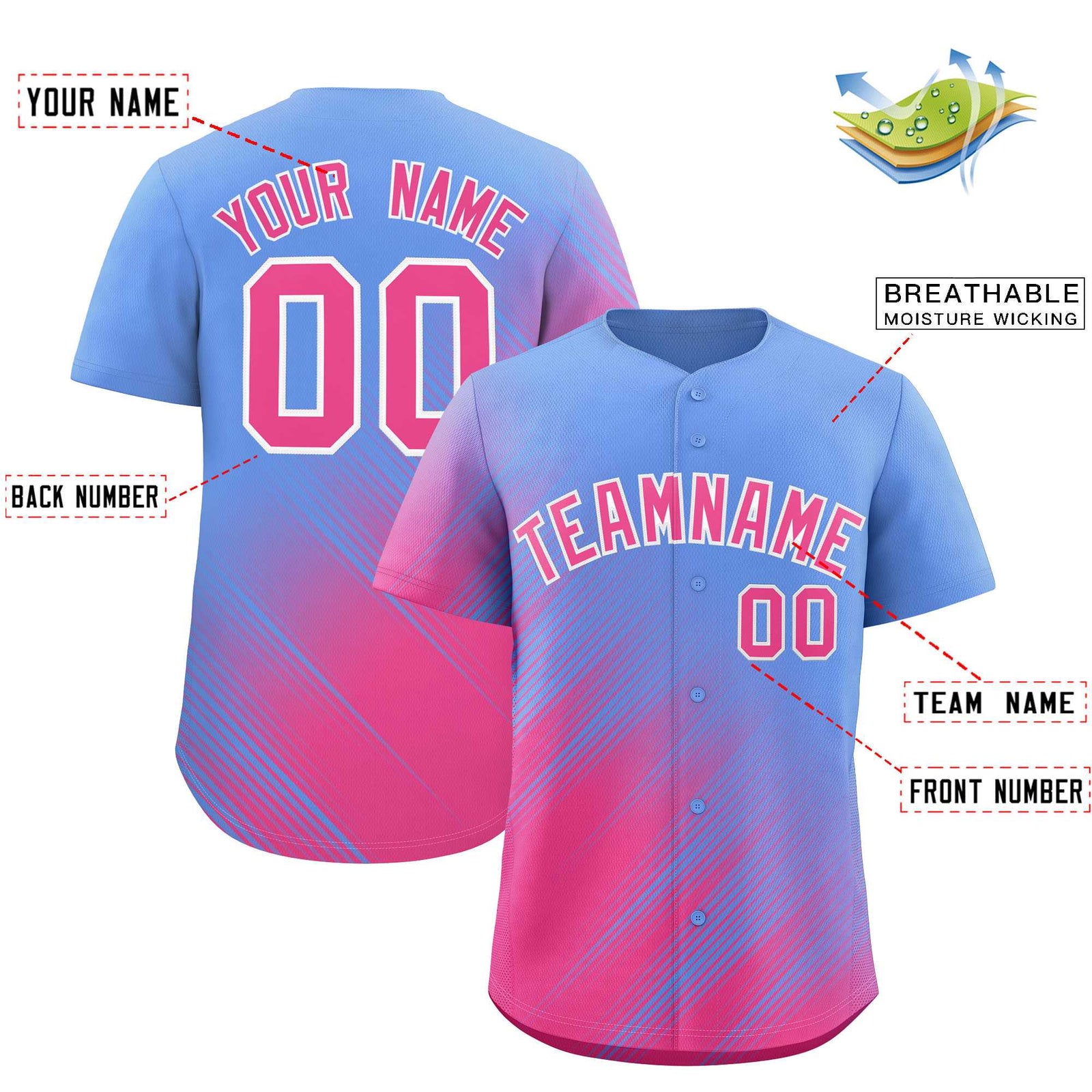 Custom Light Blue Pink Diagonal Stripe Personalized Gradient Fashion Baseball Jersey