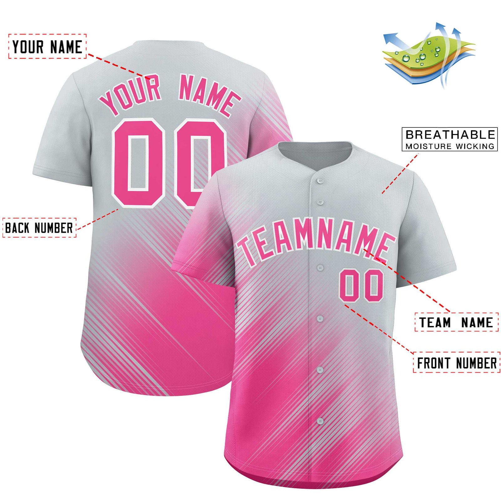 Custom Silver Pink Diagonal Stripe Personalized Gradient Fashion Baseball Jersey