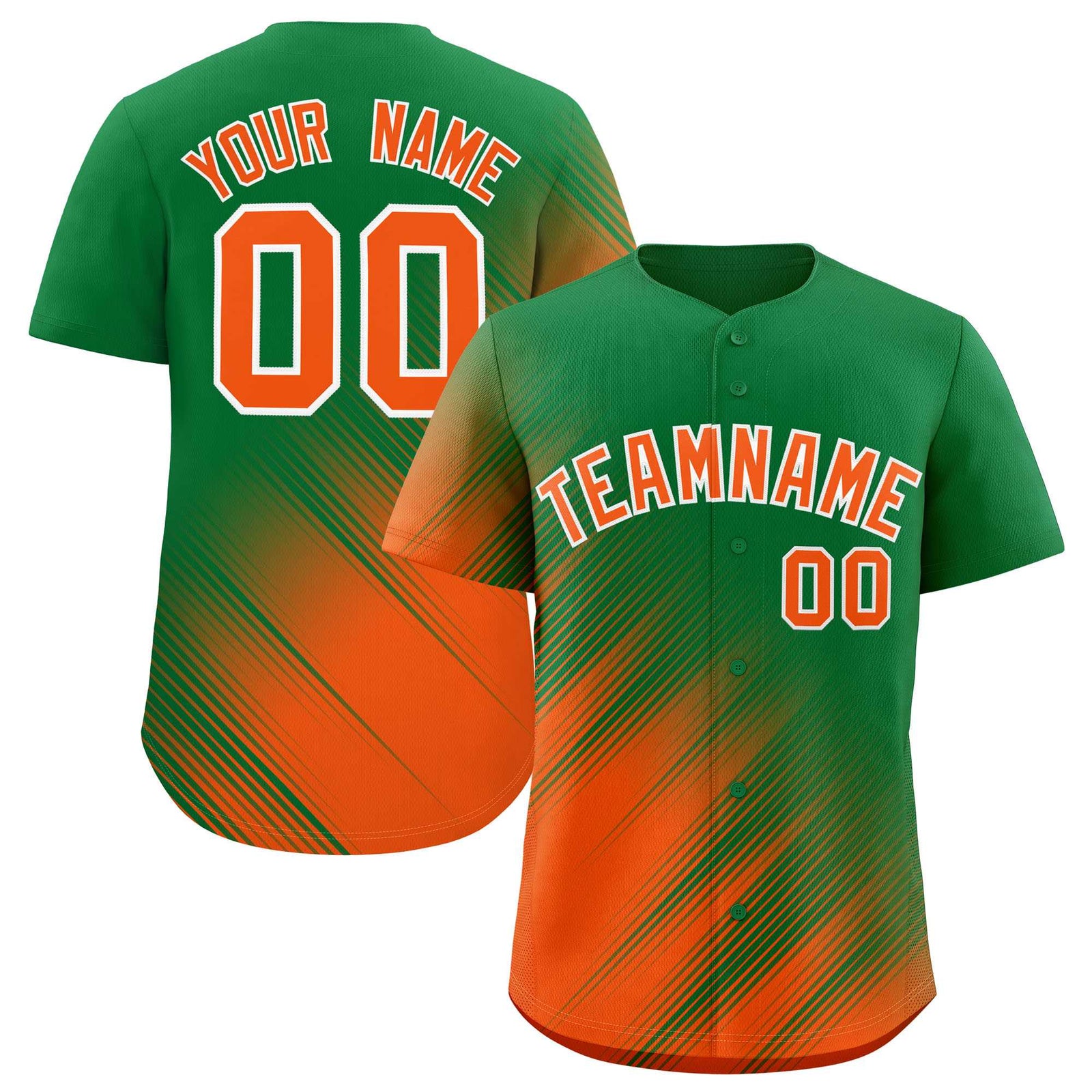 Custom Kelly Green Orange Diagonal Stripe Personalized Gradient Fashion Baseball Jersey