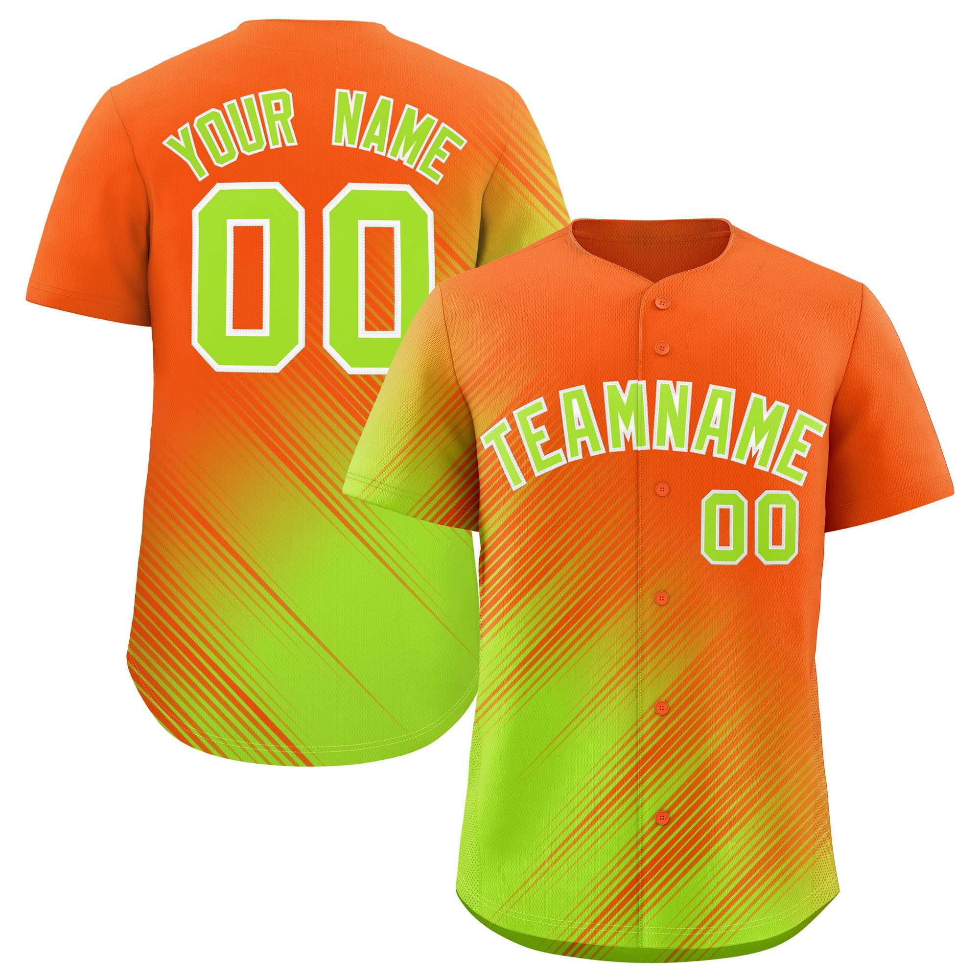 Custom Orange Neon Green Diagonal Stripe Personalized Gradient Fashion Baseball Jersey