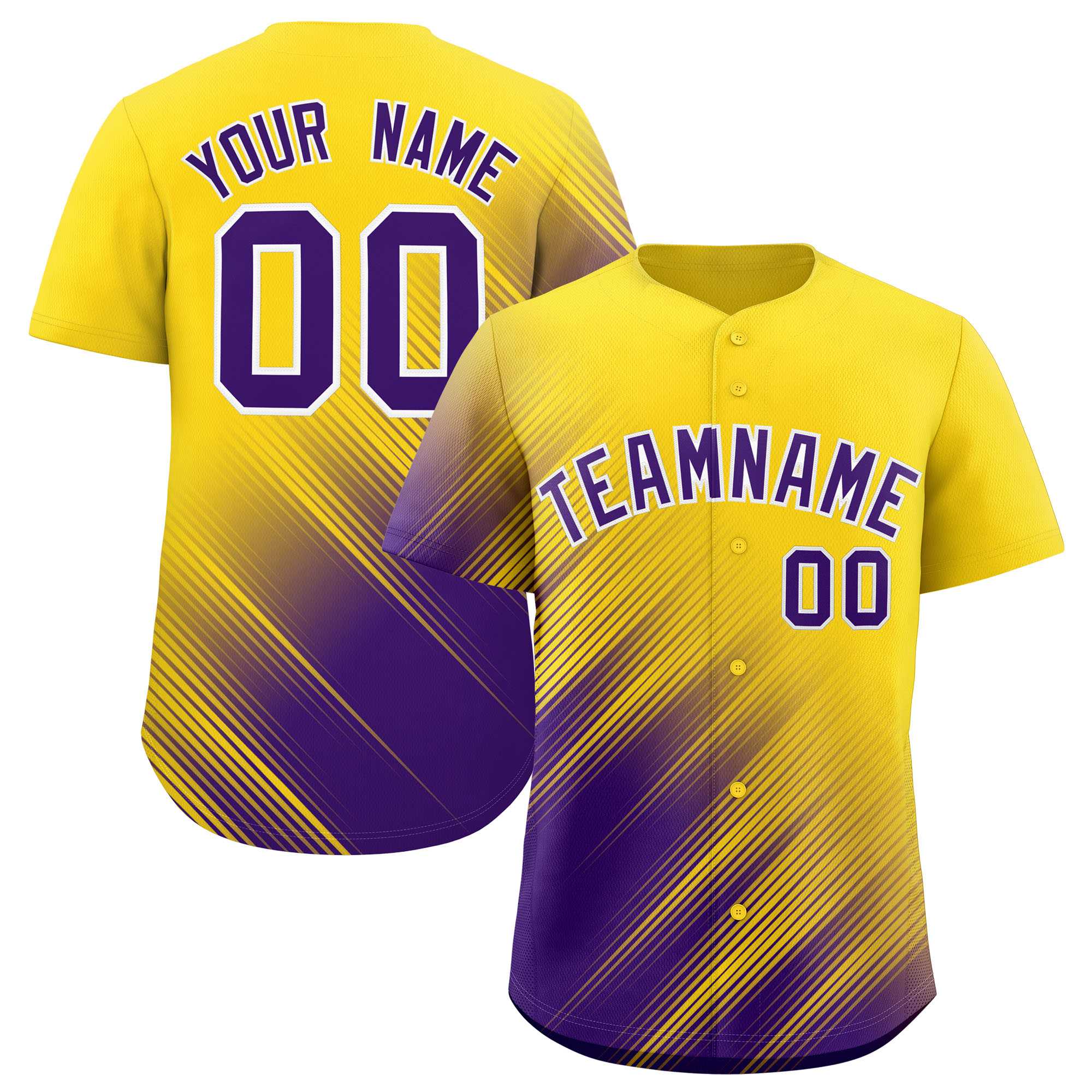 Custom Gold Purple Diagonal Stripe Personalized Gradient Fashion Baseball Jersey