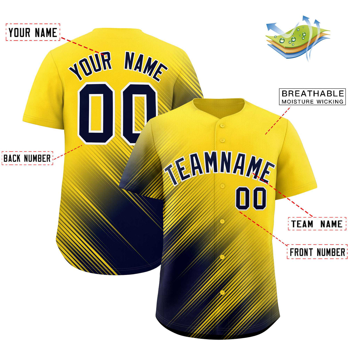 Custom Gold Navy Diagonal Stripe Personalized Gradient Fashion Baseball Jersey