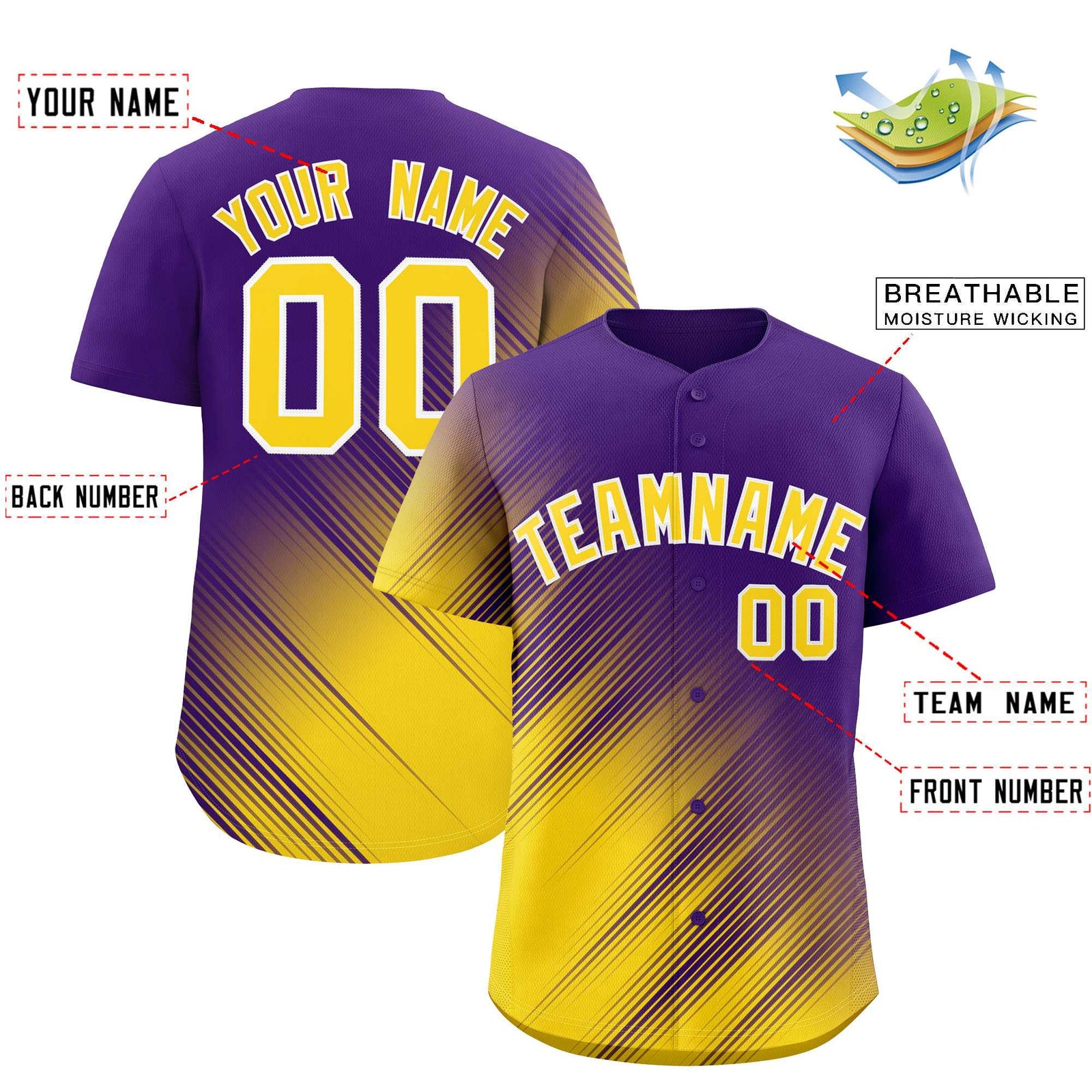 Custom Purple Gold Diagonal Stripe Personalized Gradient Fashion Baseball Jersey