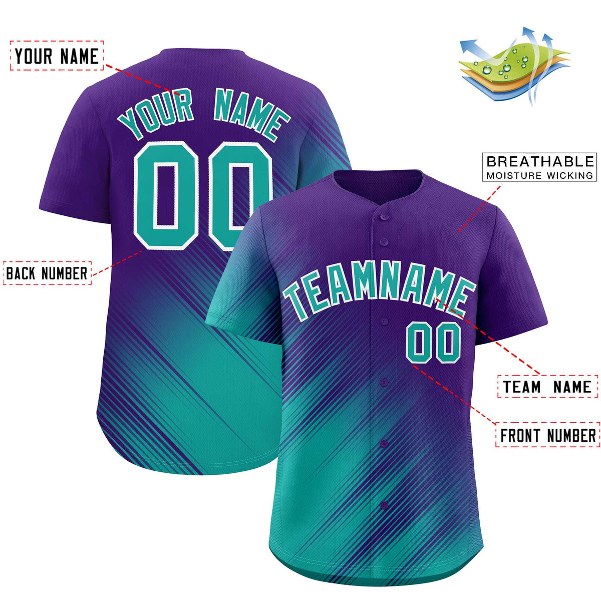 Custom Purple Aqua Diagonal Stripe Personalized Gradient Fashion Baseball Jersey