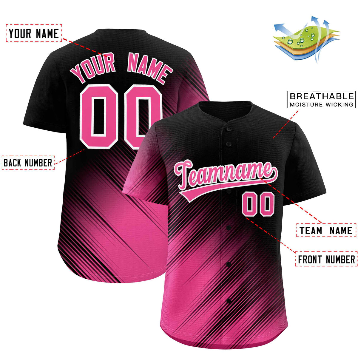 Custom Black Pink Diagonal Stripe Personalized Gradient Fashion Baseball Jersey