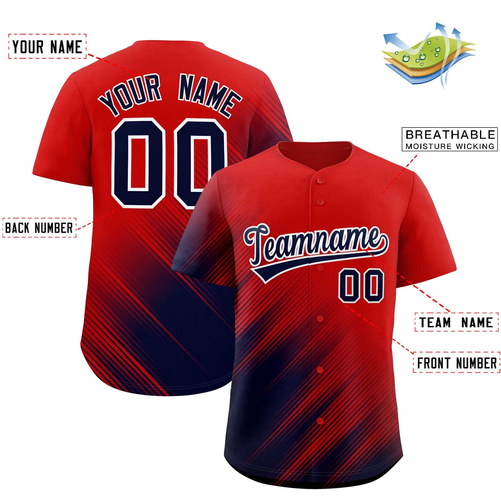Custom Red Navy Diagonal Stripe Personalized Gradient Fashion Baseball Jersey