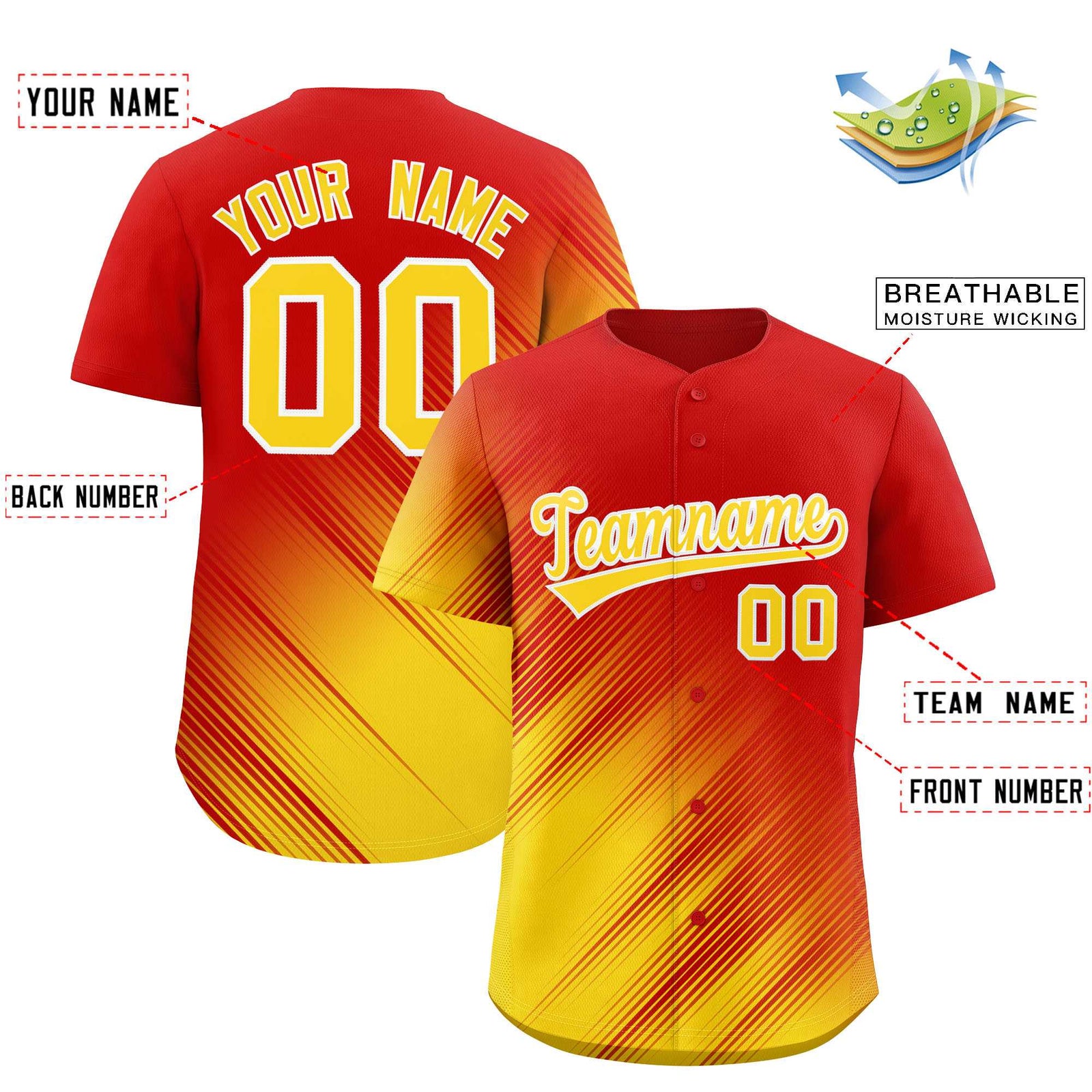 Custom Red Gold Diagonal Stripe Personalized Gradient Fashion Baseball Jersey