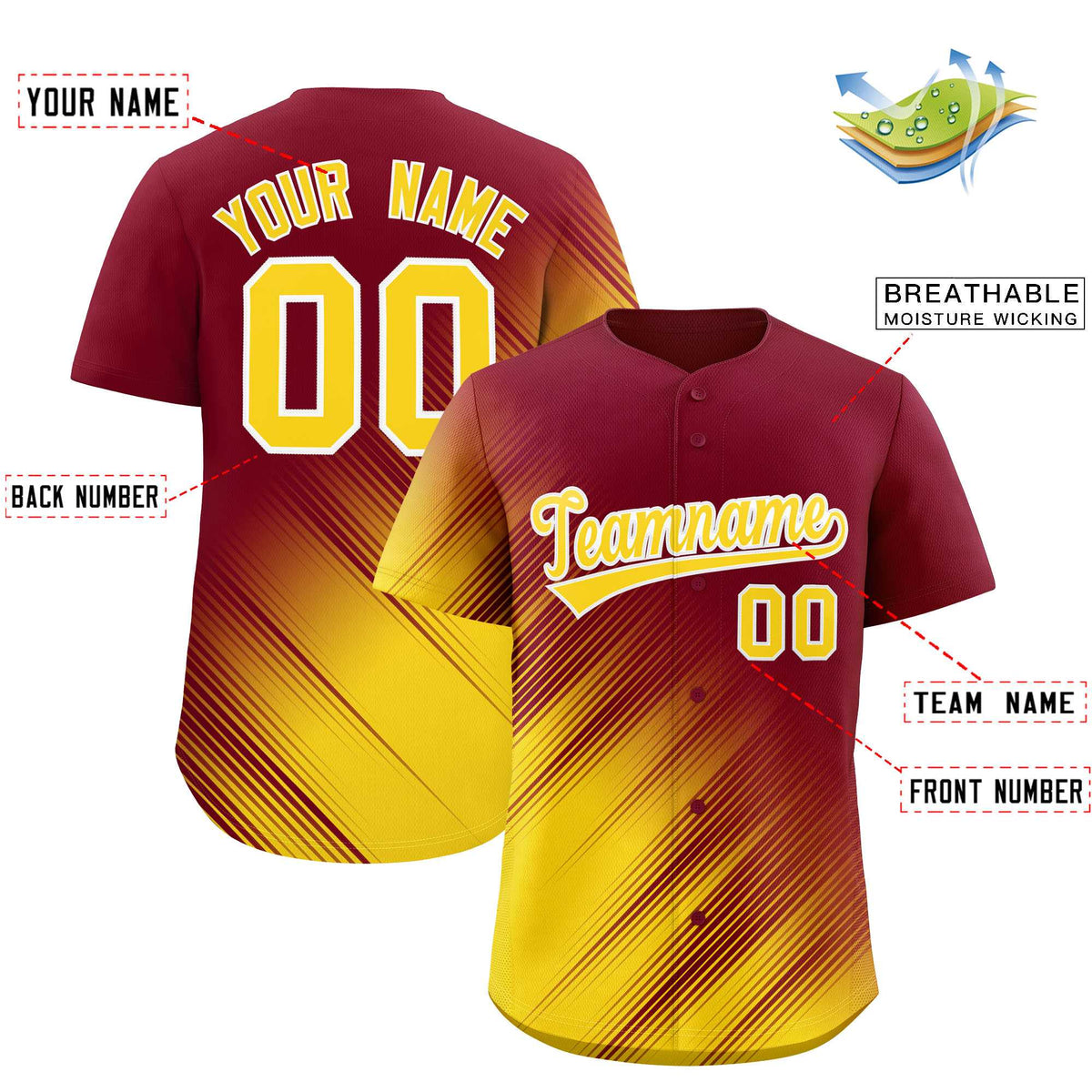 Custom Crimson Gold Diagonal Stripe Personalized Gradient Fashion Baseball Jersey