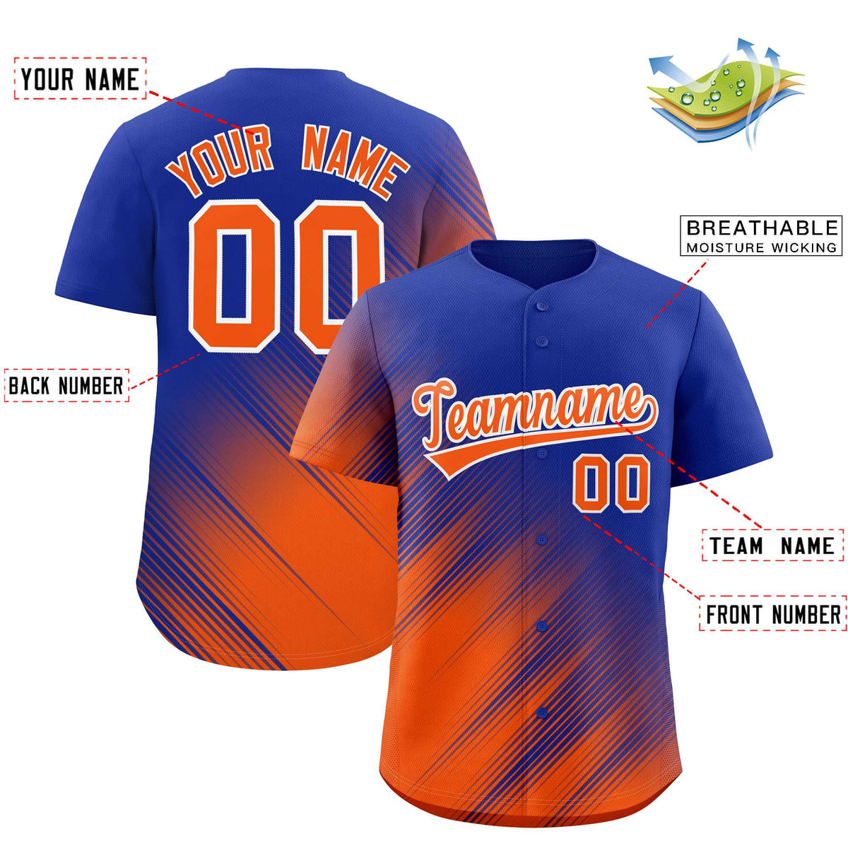 Custom Royal Orange Diagonal Stripe Personalized Gradient Fashion Baseball Jersey