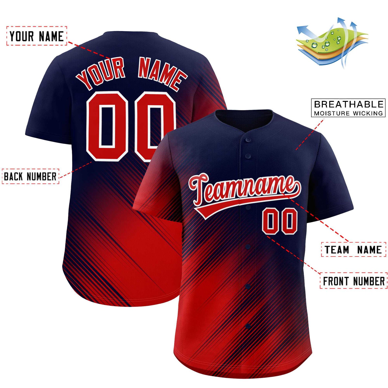 Custom Navy Red Diagonal Stripe Personalized Gradient Fashion Baseball Jersey