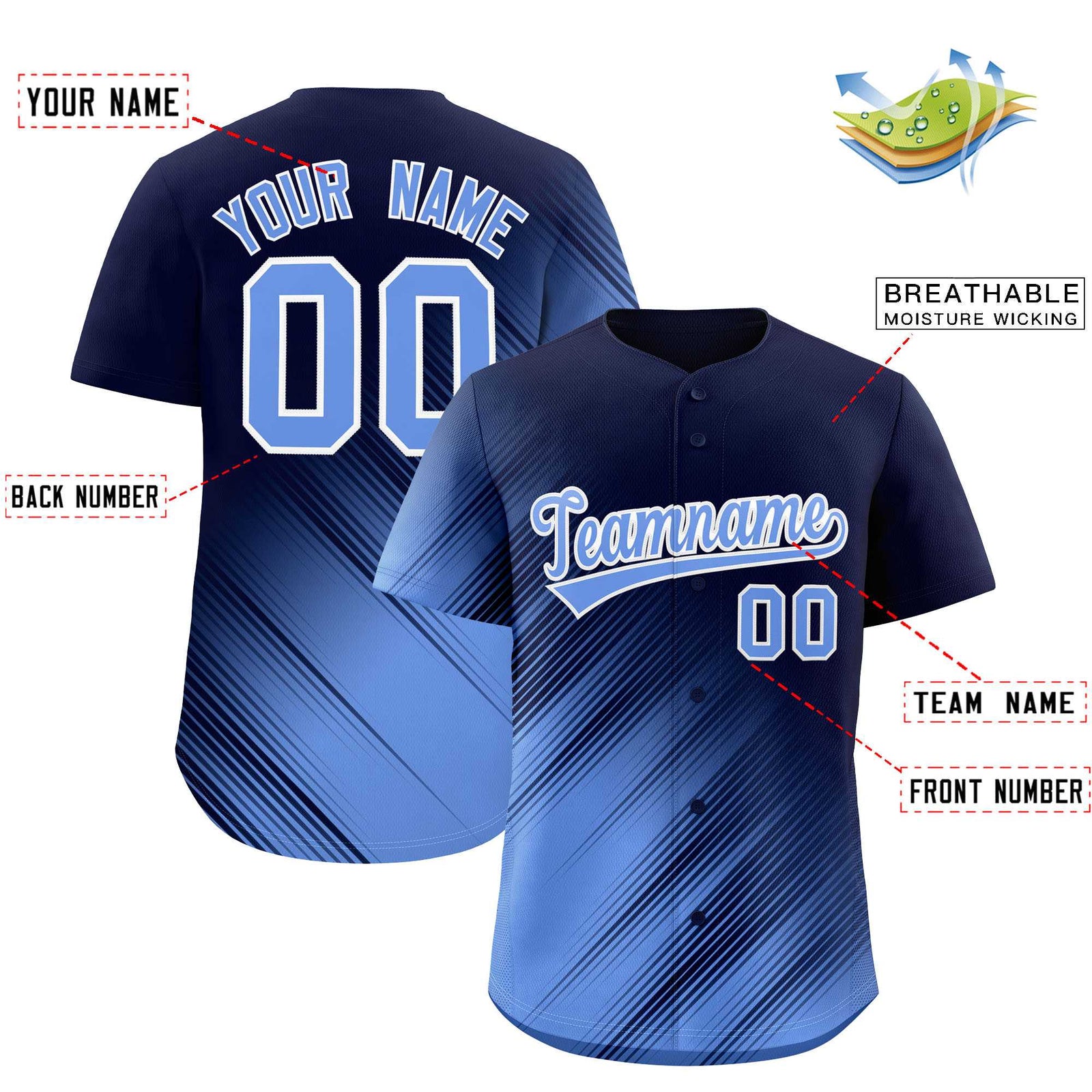 Custom Navy Light Blue Diagonal Stripe Personalized Gradient Fashion Baseball Jersey