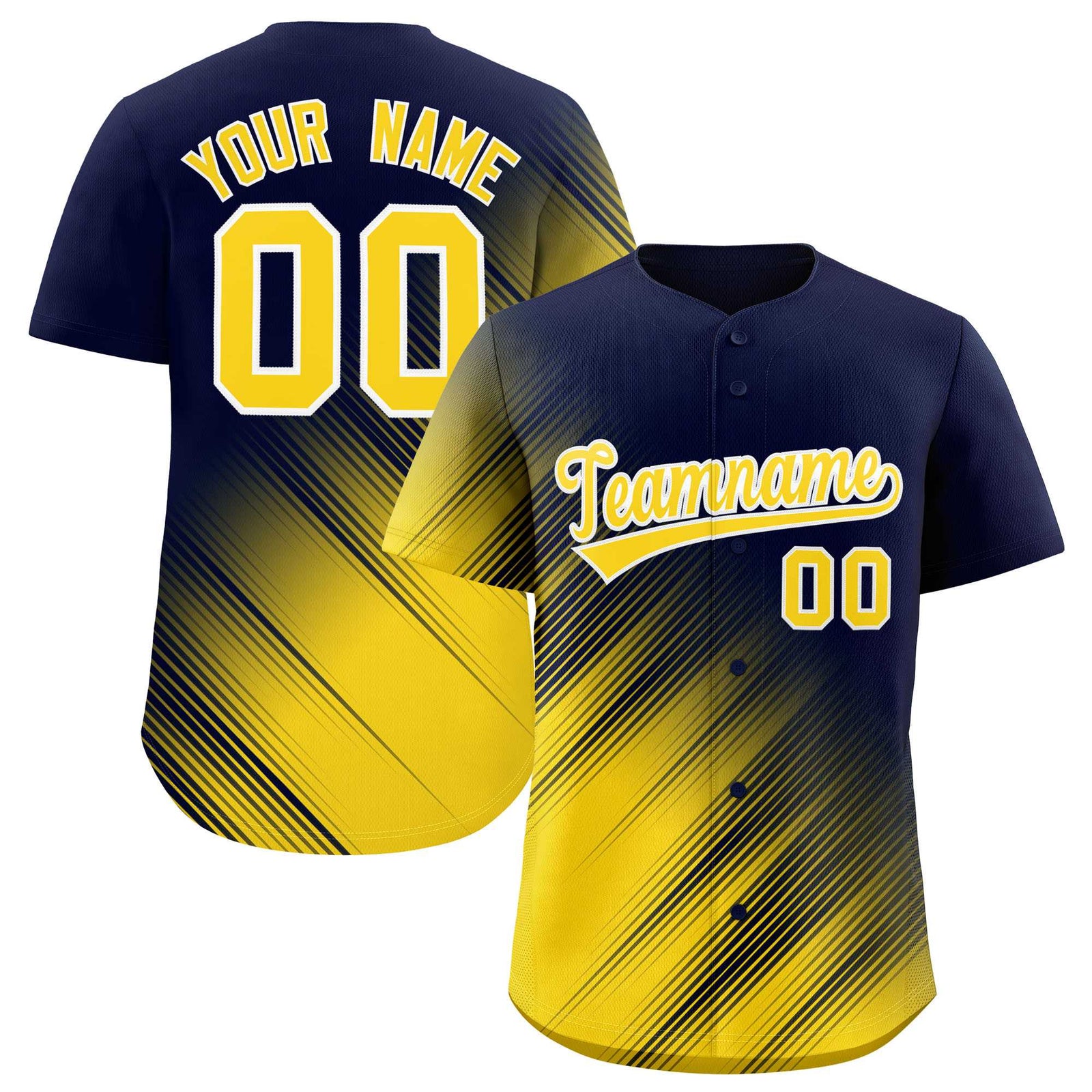 Custom Navy Gold Diagonal Stripe Personalized Gradient Fashion Baseball Jersey