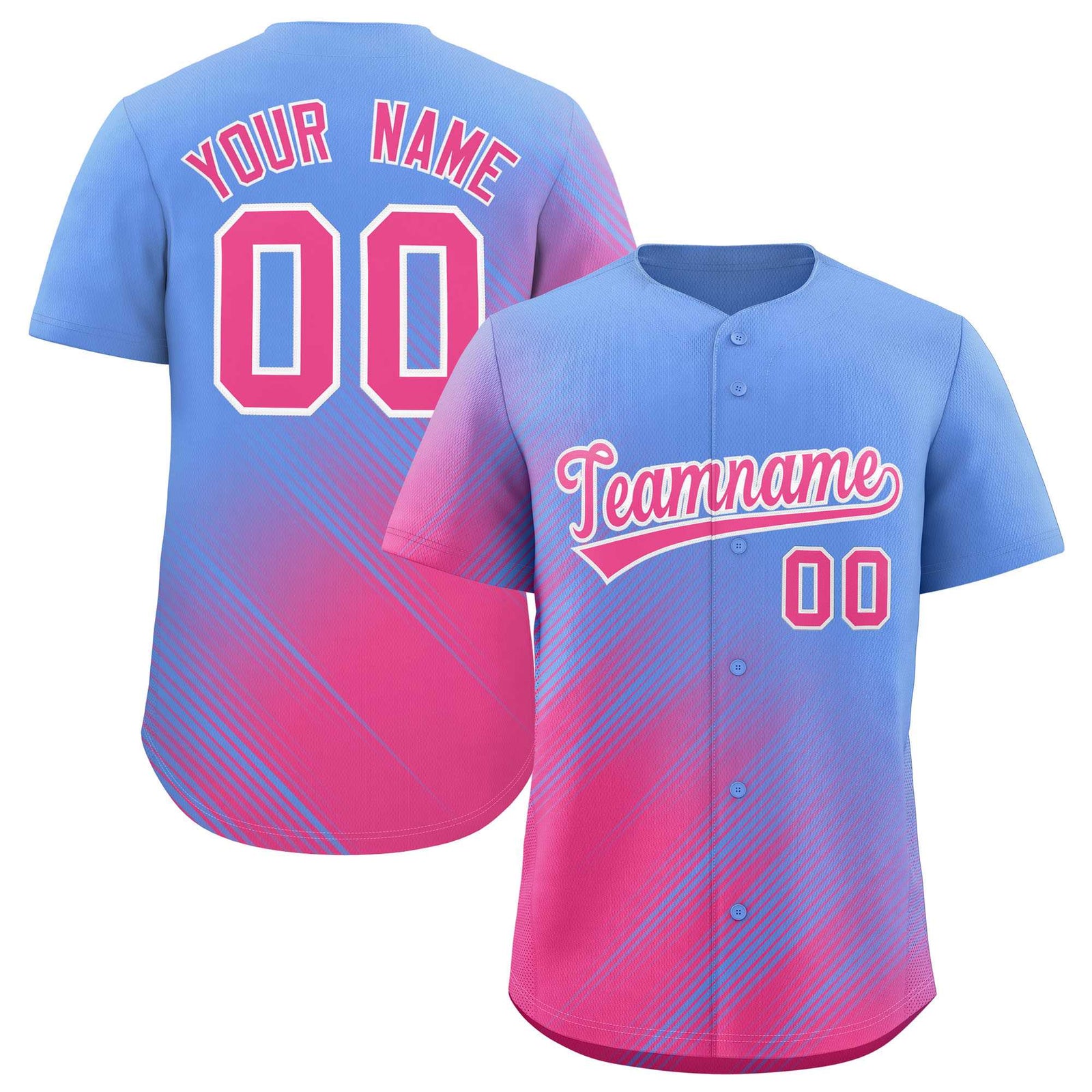 Custom Light Blue Pink Diagonal Stripe Personalized Gradient Fashion Baseball Jersey