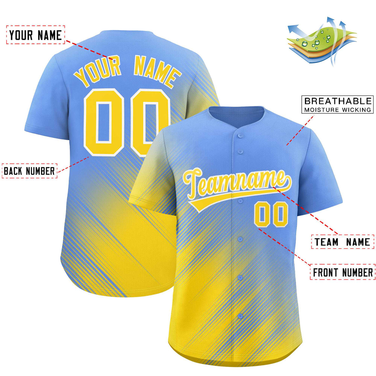 Custom Light Blue Gold Diagonal Stripe Personalized Gradient Fashion Baseball Jersey