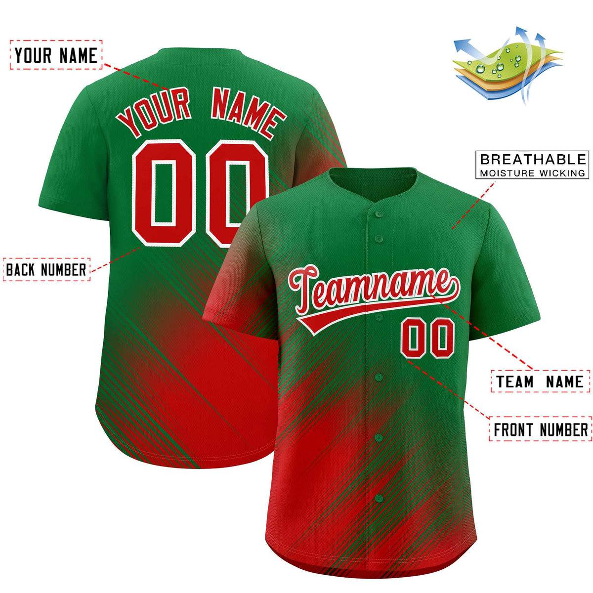 Custom Kelly Green Red Diagonal Stripe Personalized Gradient Fashion Baseball Jersey