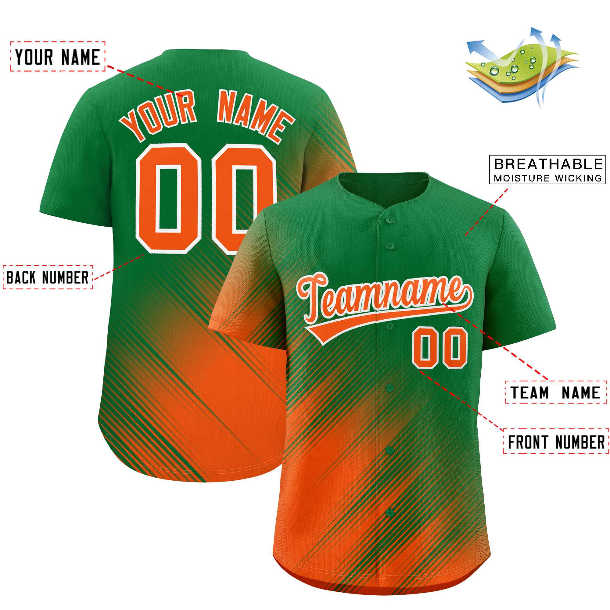 Custom Kelly Green Orange Diagonal Stripe Personalized Gradient Fashion Baseball Jersey