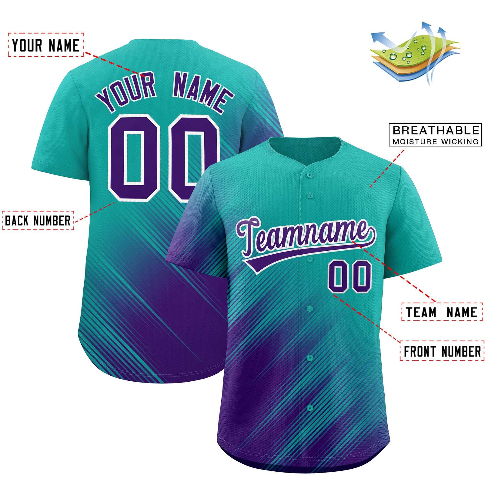 Custom Aqua Purple Diagonal Stripe Personalized Gradient Fashion Baseball Jersey