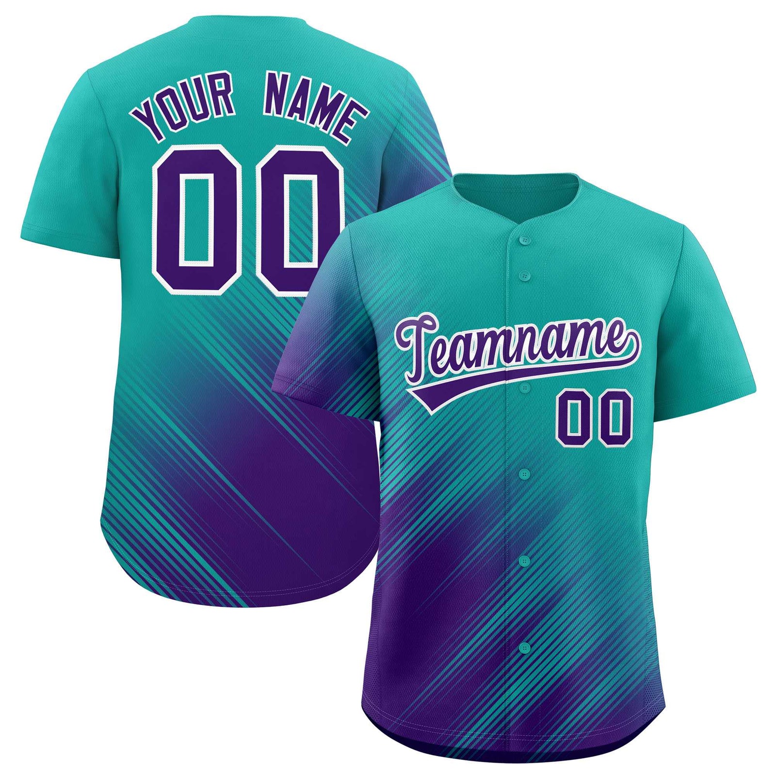 Custom Aqua Purple Diagonal Stripe Personalized Gradient Fashion Baseball Jersey