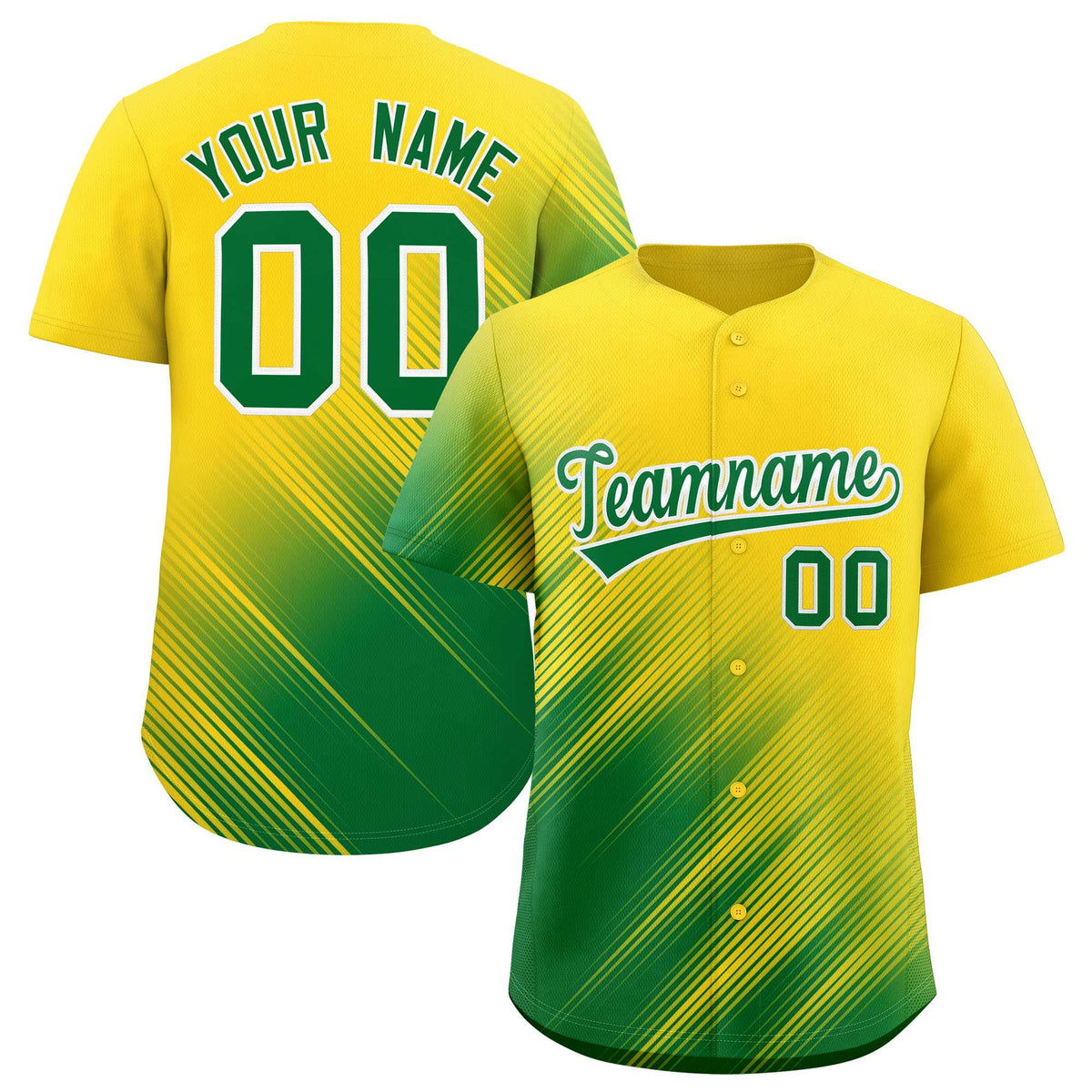 Custom Gold Kelly Green Diagonal Stripe Personalized Gradient Fashion Baseball Jersey