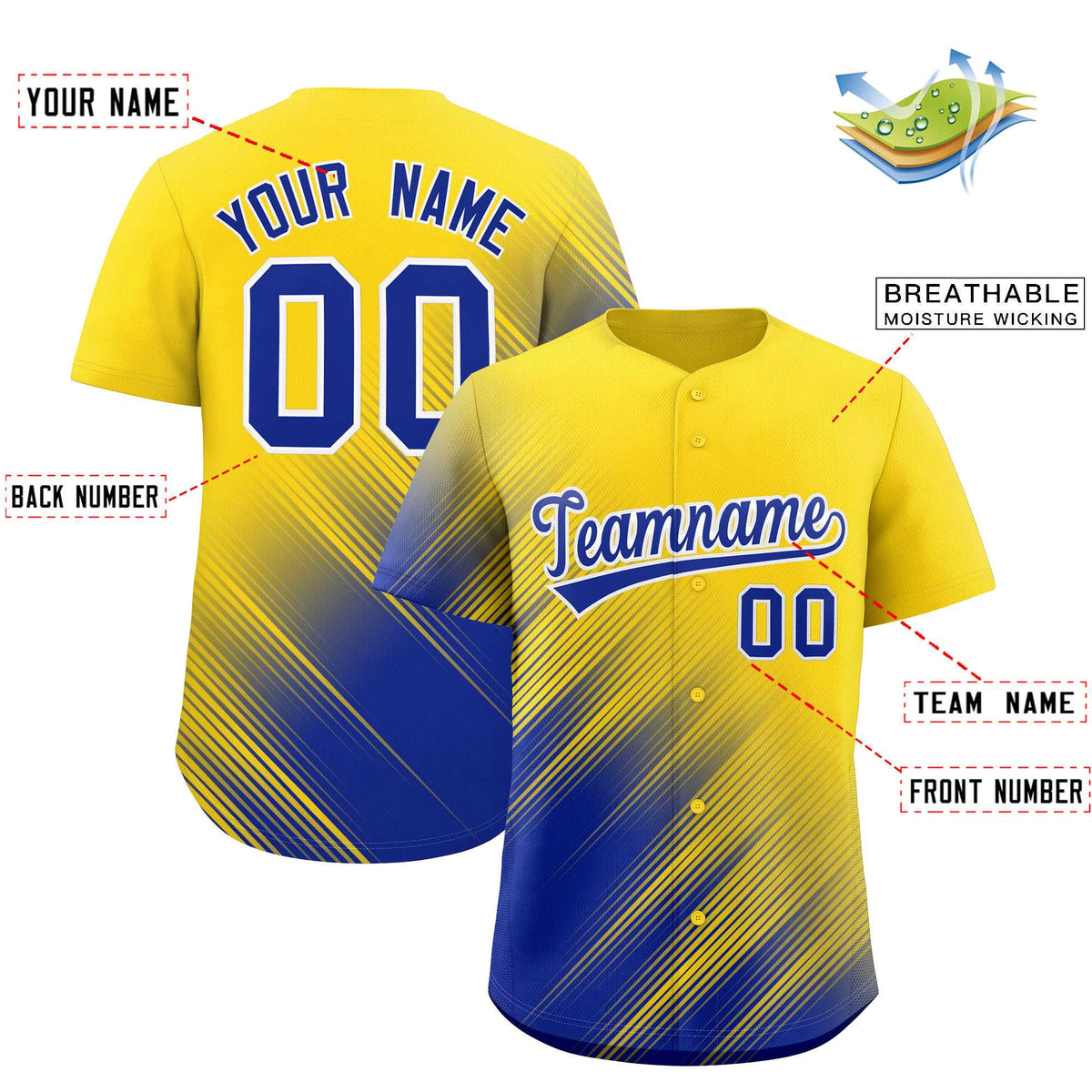 Custom Gold Royal Diagonal Stripe Personalized Gradient Fashion Baseball Jersey