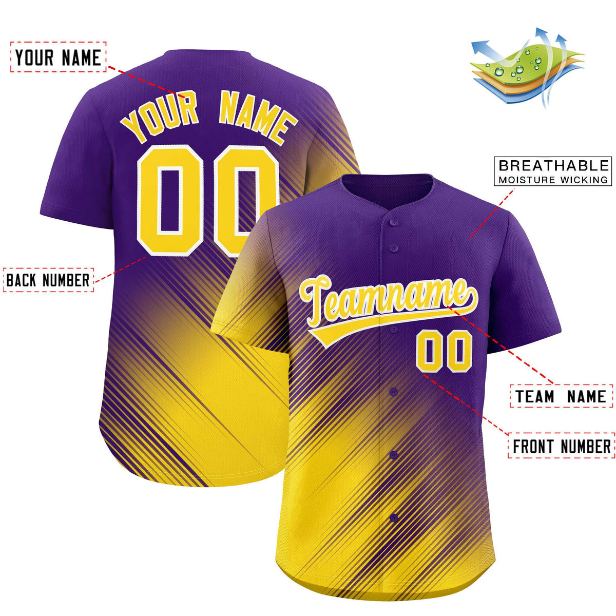 Custom Purple Gold Diagonal Stripe Personalized Gradient Fashion Baseball Jersey