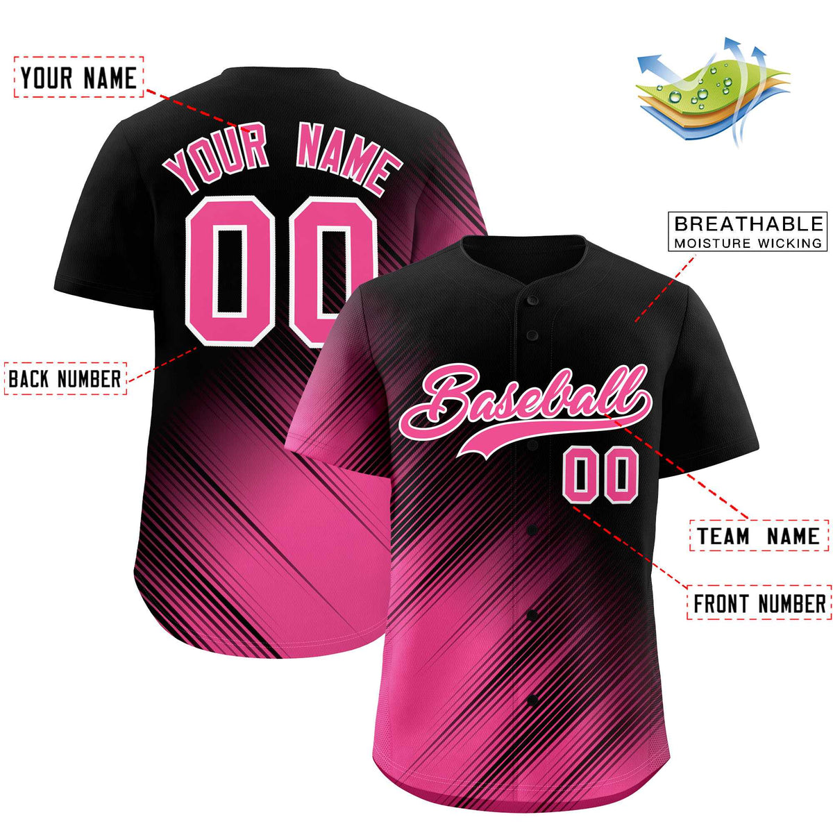 Custom Black Pink Diagonal Stripe Personalized Gradient Fashion Baseball Jersey