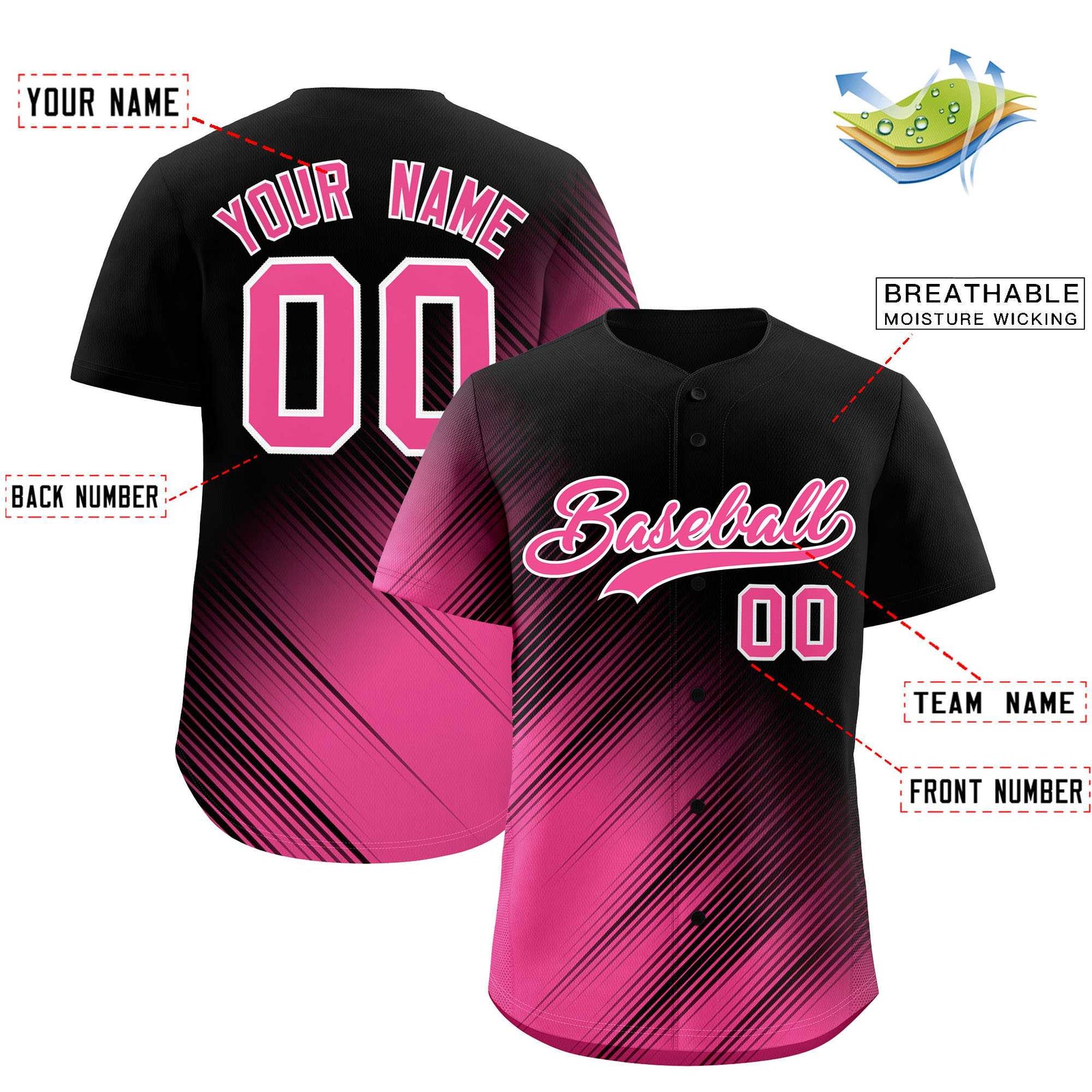 Custom Black Pink Diagonal Stripe Personalized Gradient Fashion Baseball Jersey