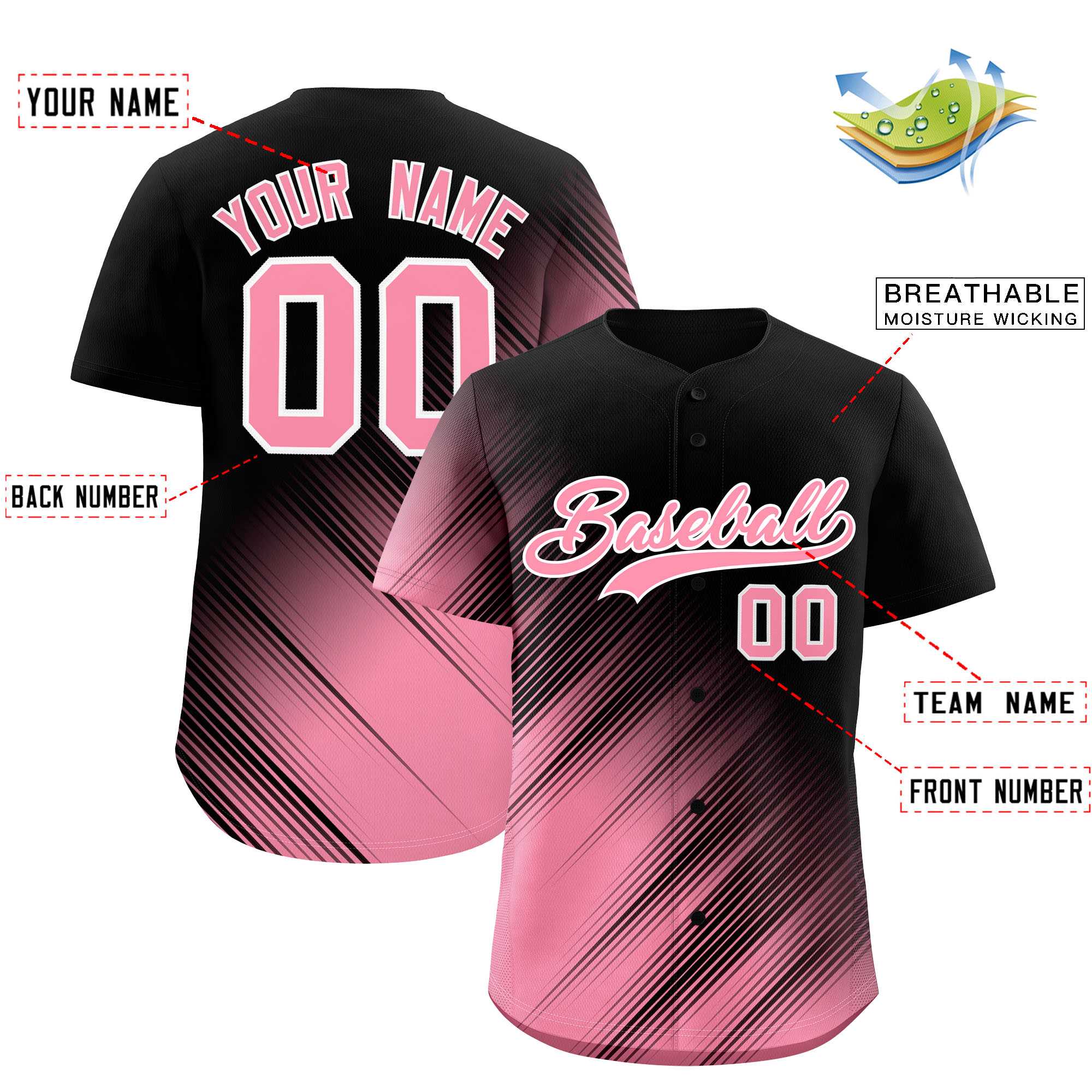 Custom Black Light Pink Diagonal Stripe Personalized Gradient Fashion Baseball Jersey