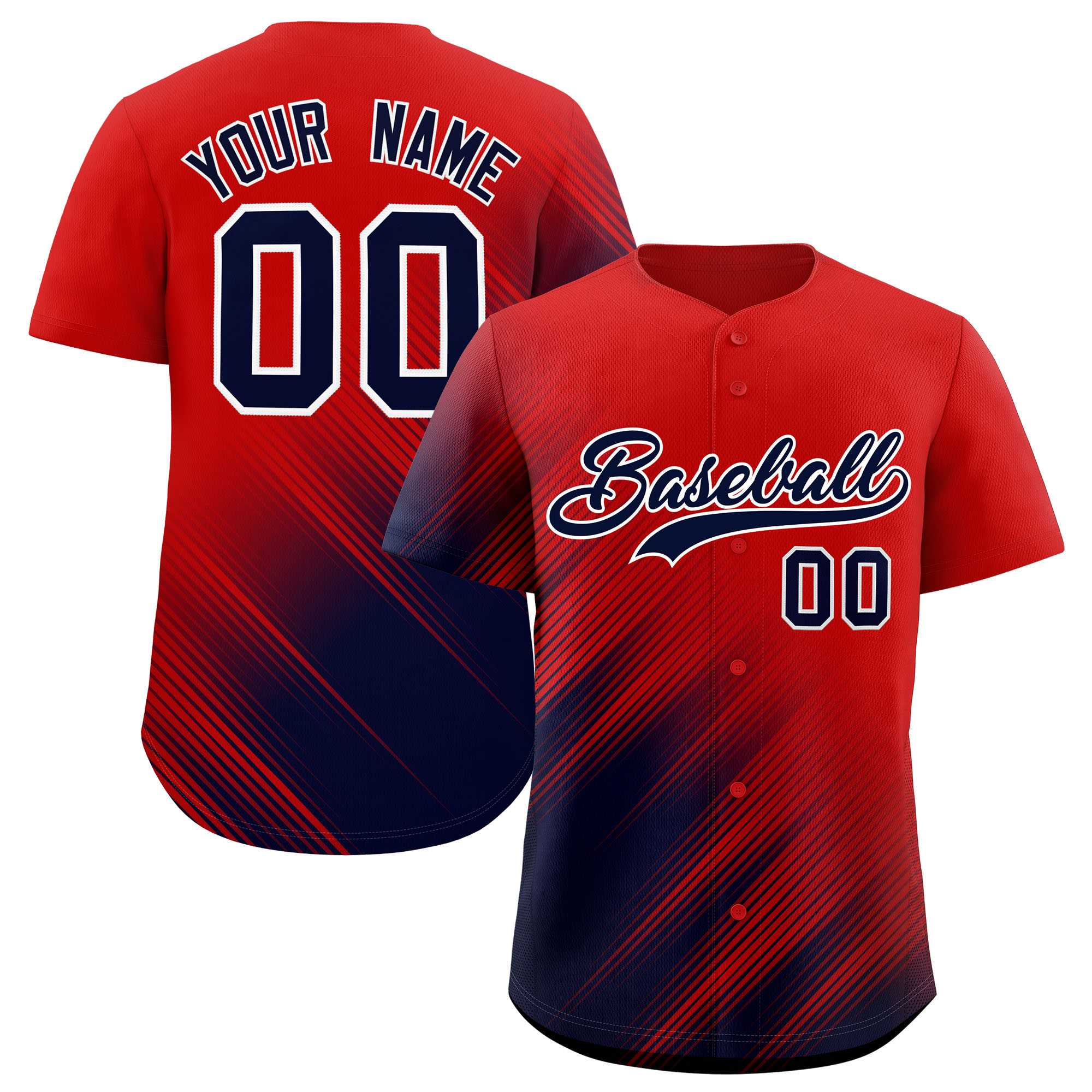 Custom Red Navy Diagonal Stripe Personalized Gradient Fashion Baseball Jersey