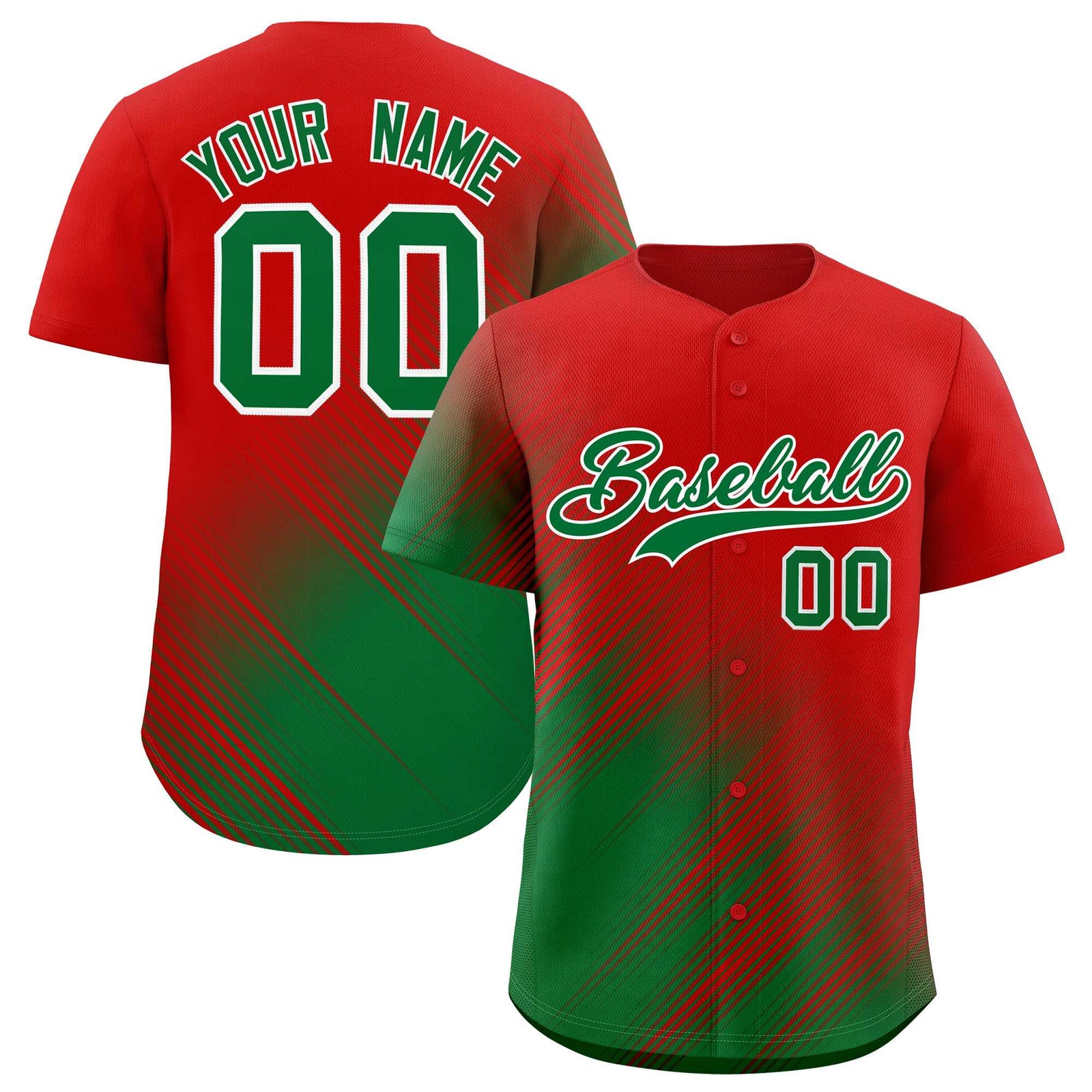Custom Red Kelly Green Diagonal Stripe Personalized Gradient Fashion Baseball Jersey
