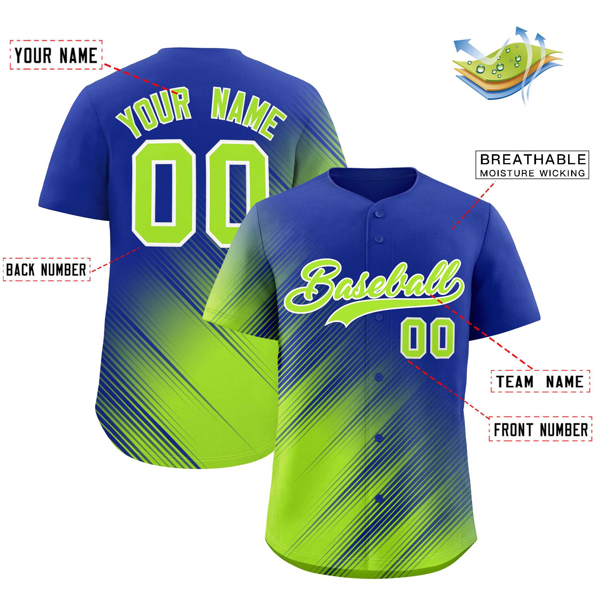 Custom Royal Neon Green Diagonal Stripe Personalized Gradient Fashion Baseball Jersey