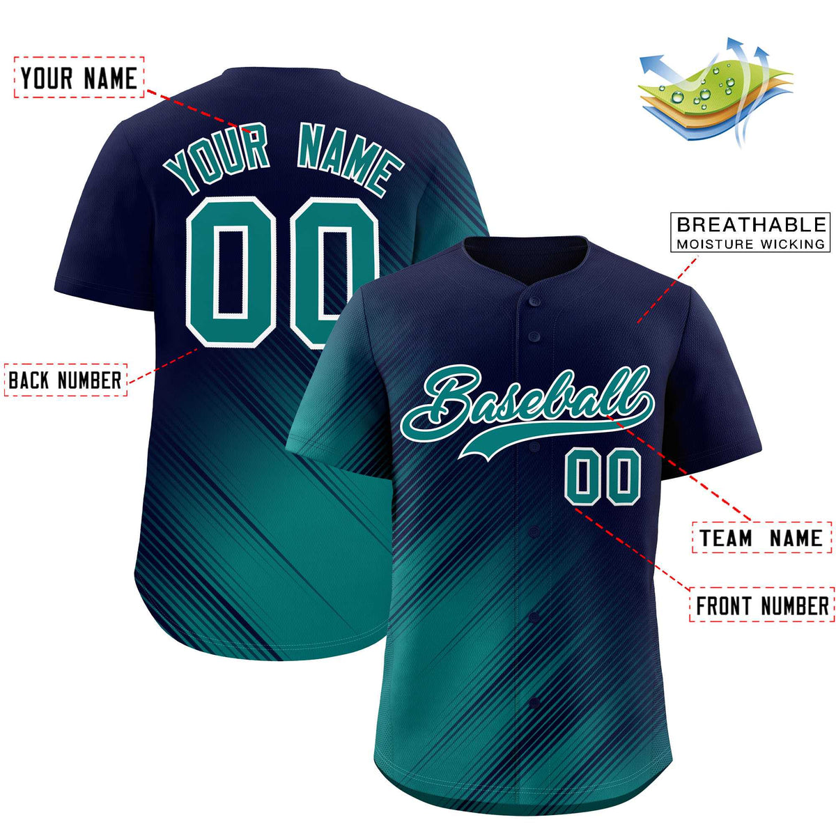 Custom Navy Aqua Diagonal Stripe Personalized Gradient Fashion Baseball Jersey
