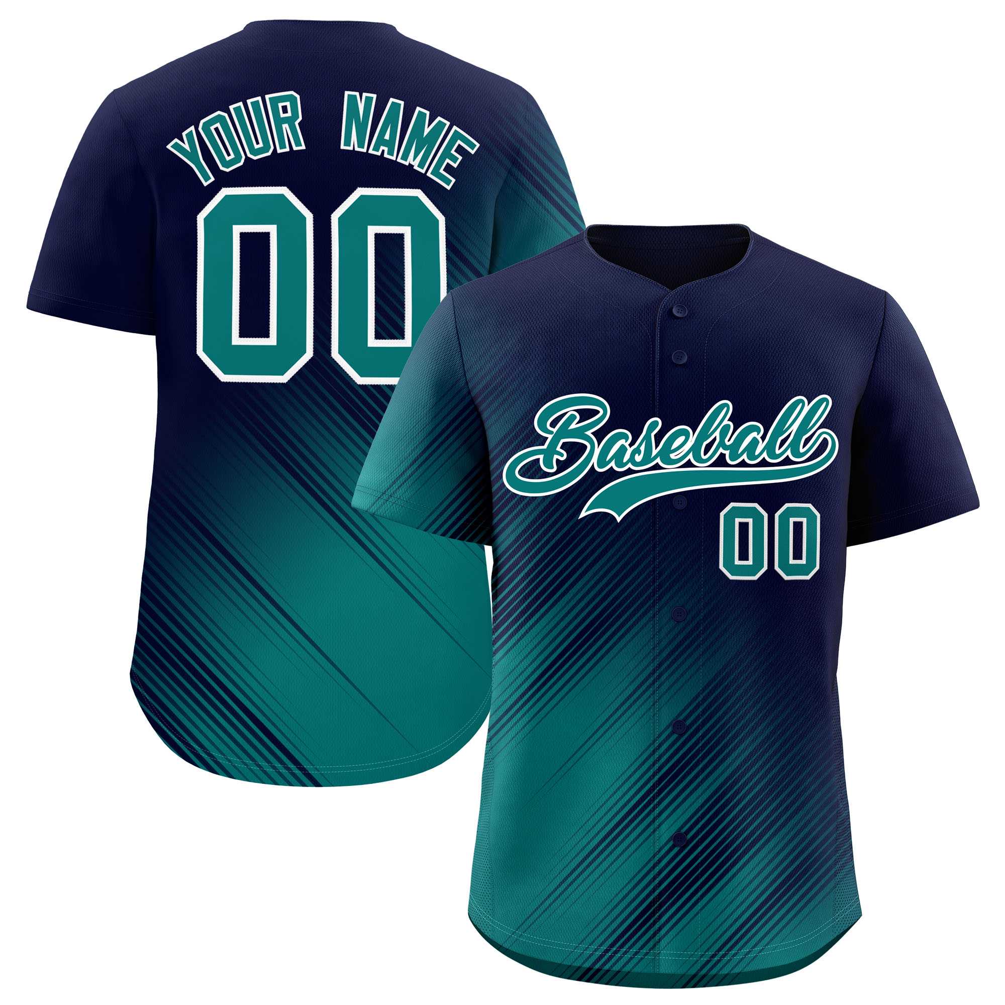 Custom Navy Aqua Diagonal Stripe Personalized Gradient Fashion Baseball Jersey