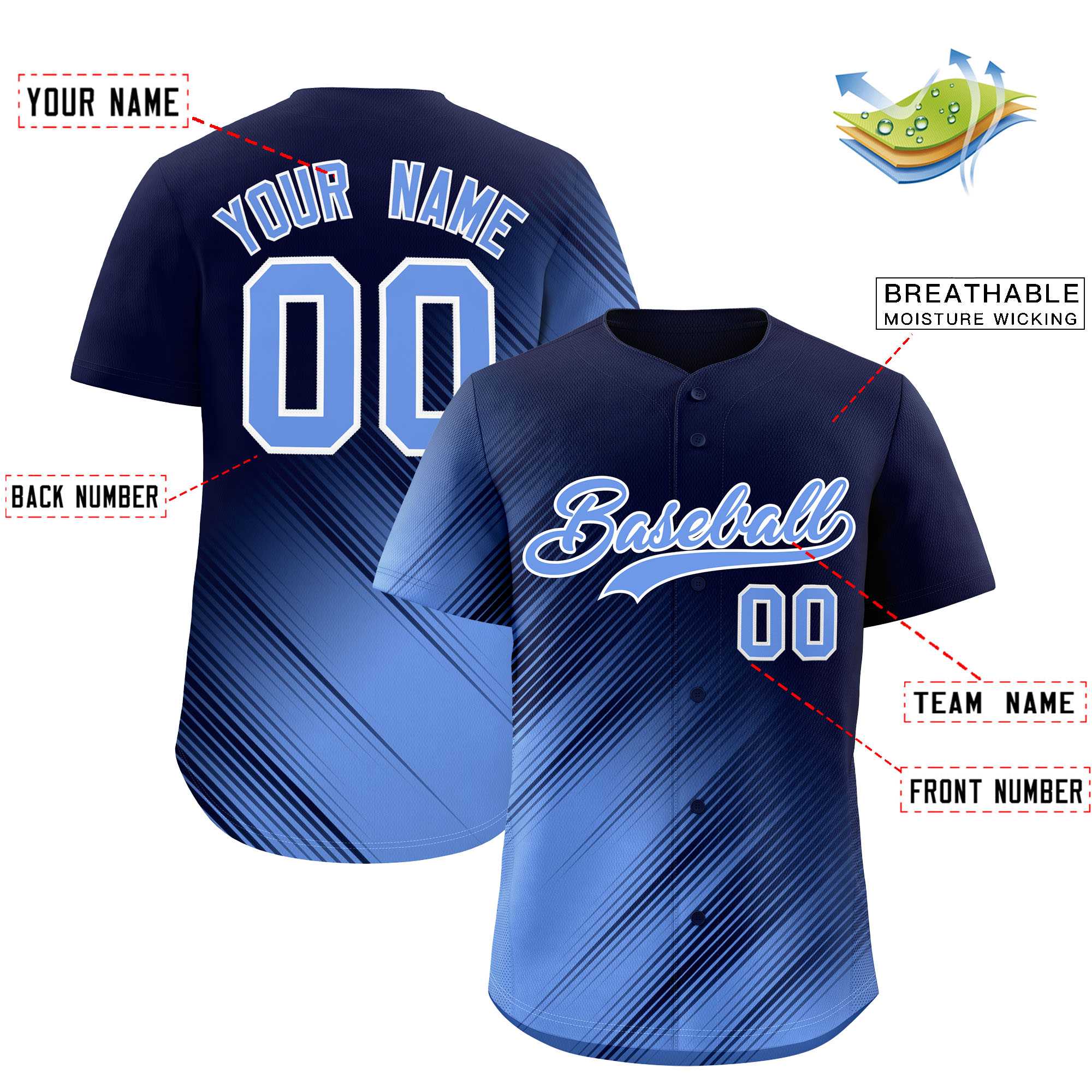 Custom Navy Light Blue Diagonal Stripe Personalized Gradient Fashion Baseball Jersey
