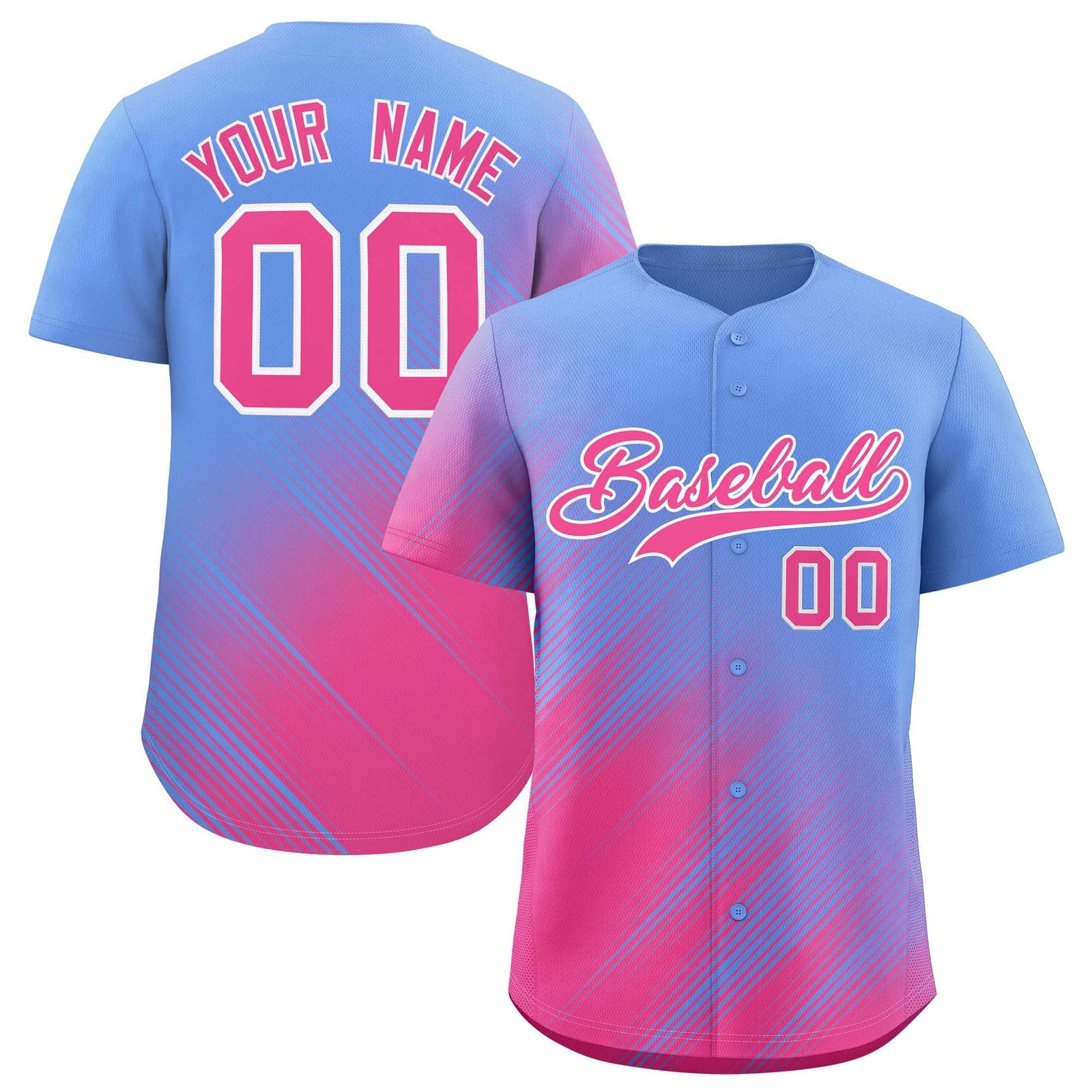 Custom Light Blue Pink Diagonal Stripe Personalized Gradient Fashion Baseball Jersey