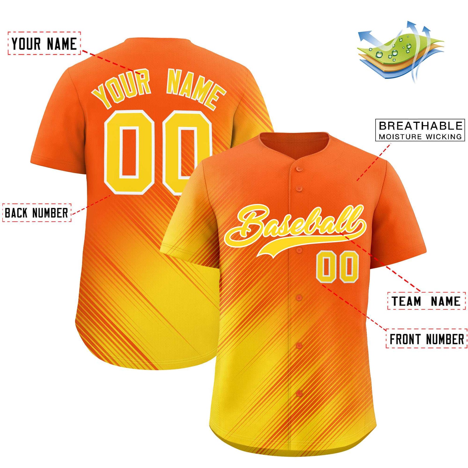 Custom Orange Gold Diagonal Stripe Personalized Gradient Fashion Baseball Jersey