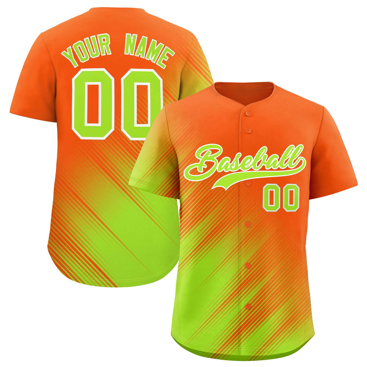 Custom Orange Neon Green Diagonal Stripe Personalized Gradient Fashion Baseball Jersey