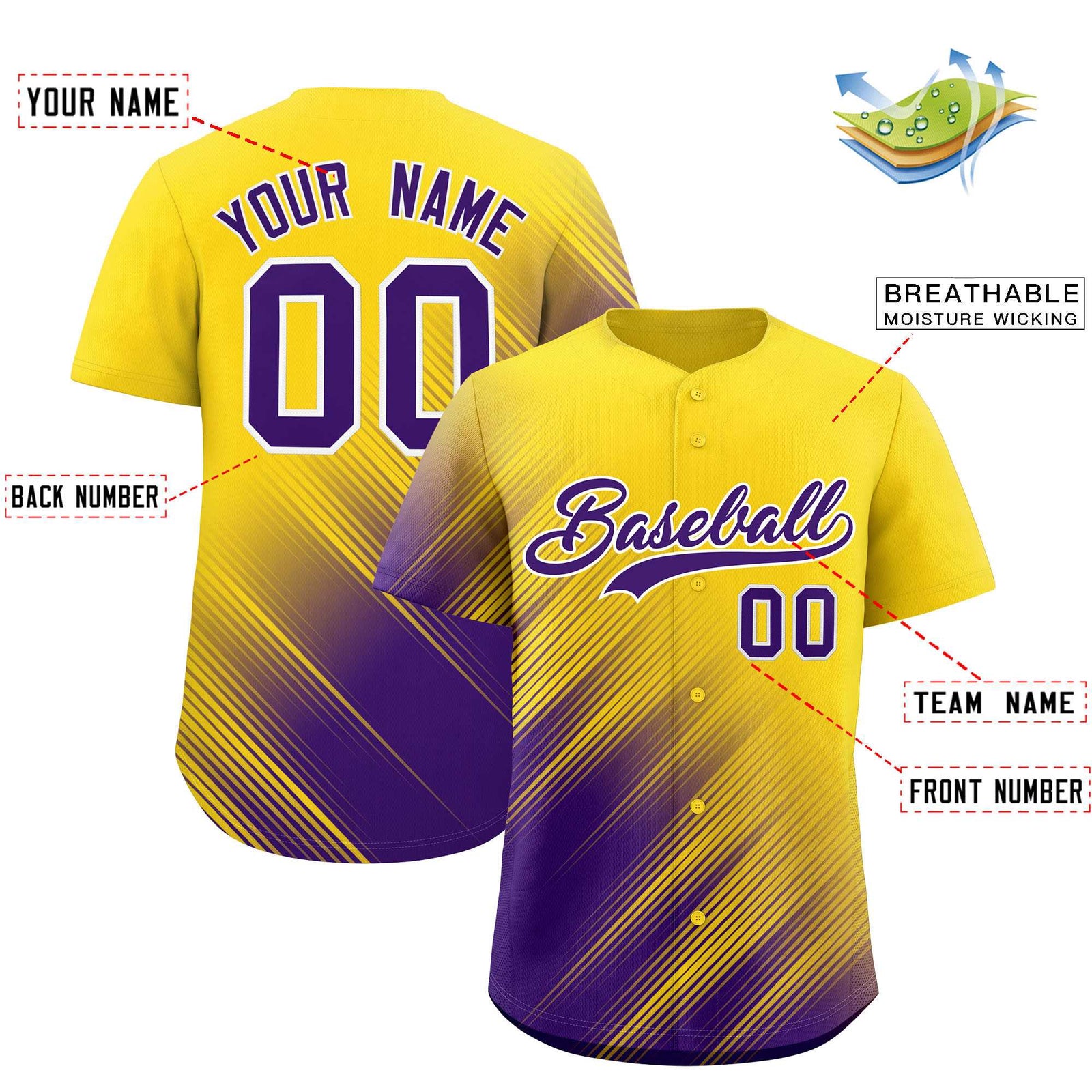 Custom Gold Purple Diagonal Stripe Personalized Gradient Fashion Baseball Jersey