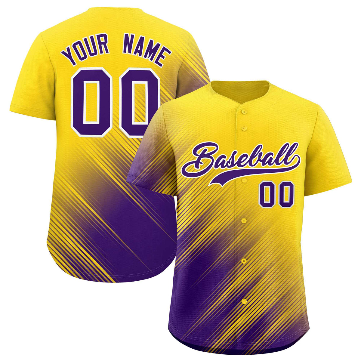 Custom Gold Purple Diagonal Stripe Personalized Gradient Fashion Baseball Jersey