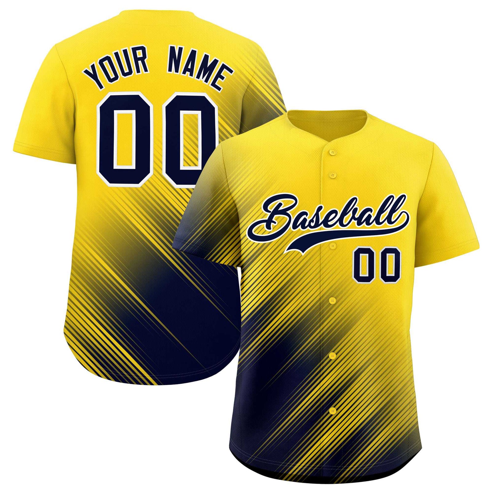 Custom Gold Navy Diagonal Stripe Personalized Gradient Fashion Baseball Jersey