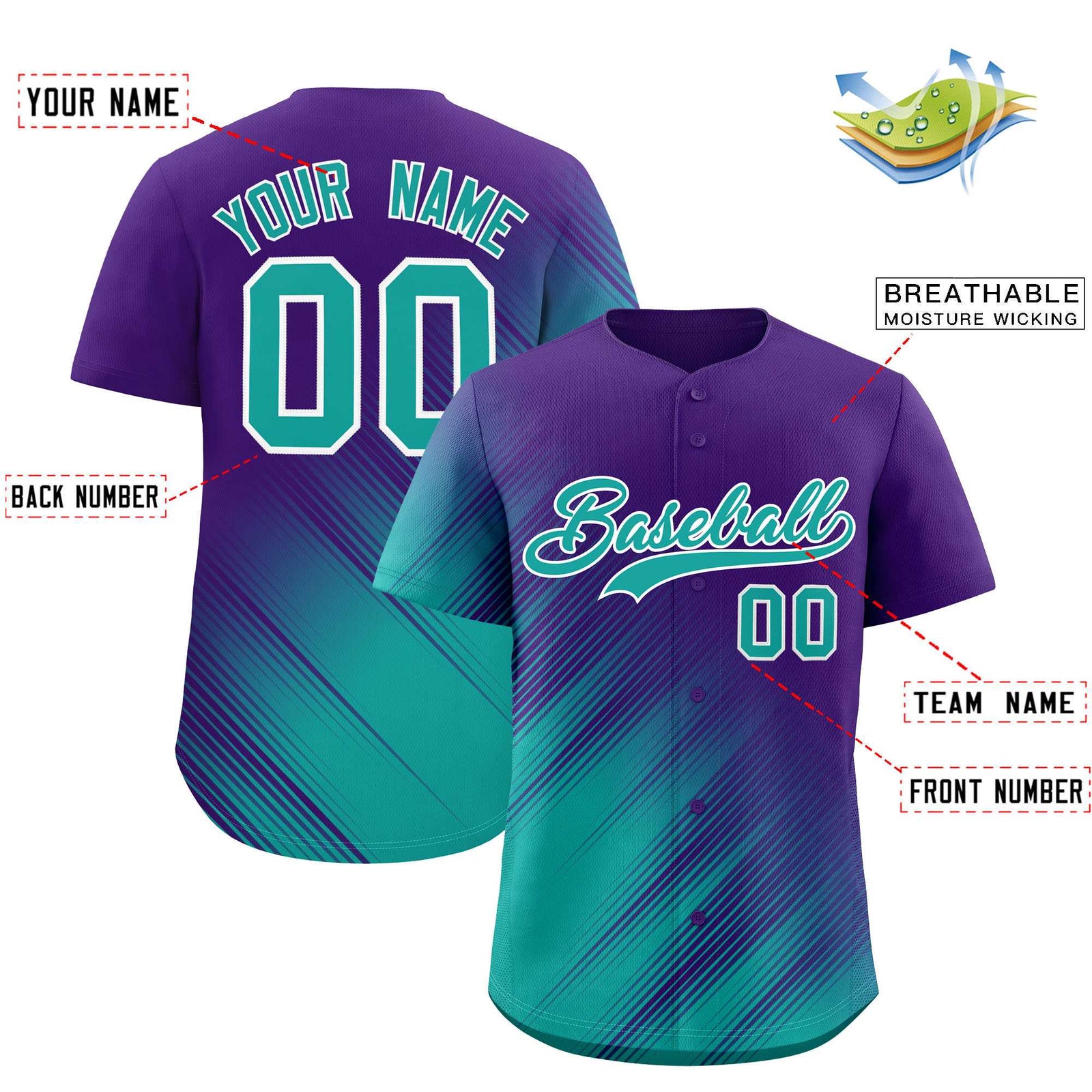 Custom Purple Aqua Diagonal Stripe Personalized Gradient Fashion Baseball Jersey