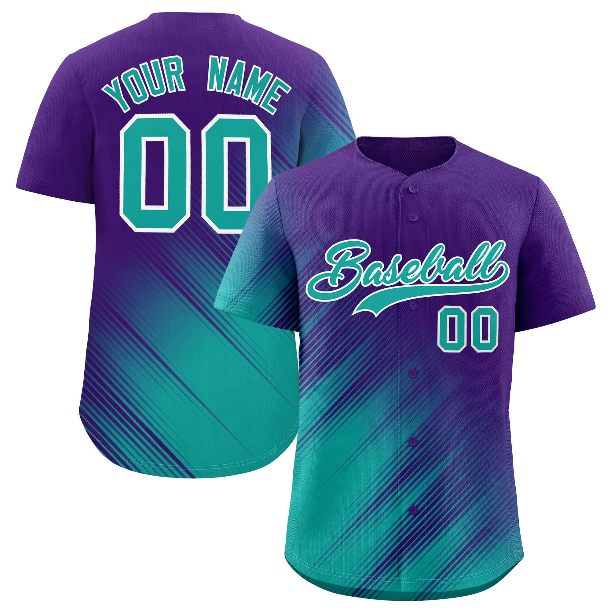 Custom Purple Aqua Diagonal Stripe Personalized Gradient Fashion Baseball Jersey